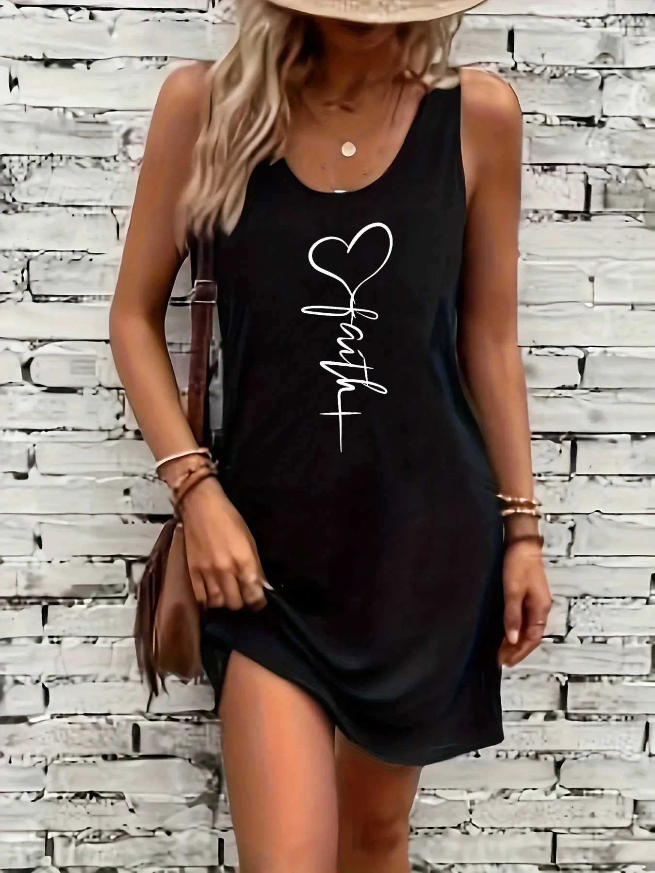 Women's summer loose and comfortable casual heart-shaped printed black sleeveless vest dress punk style dress