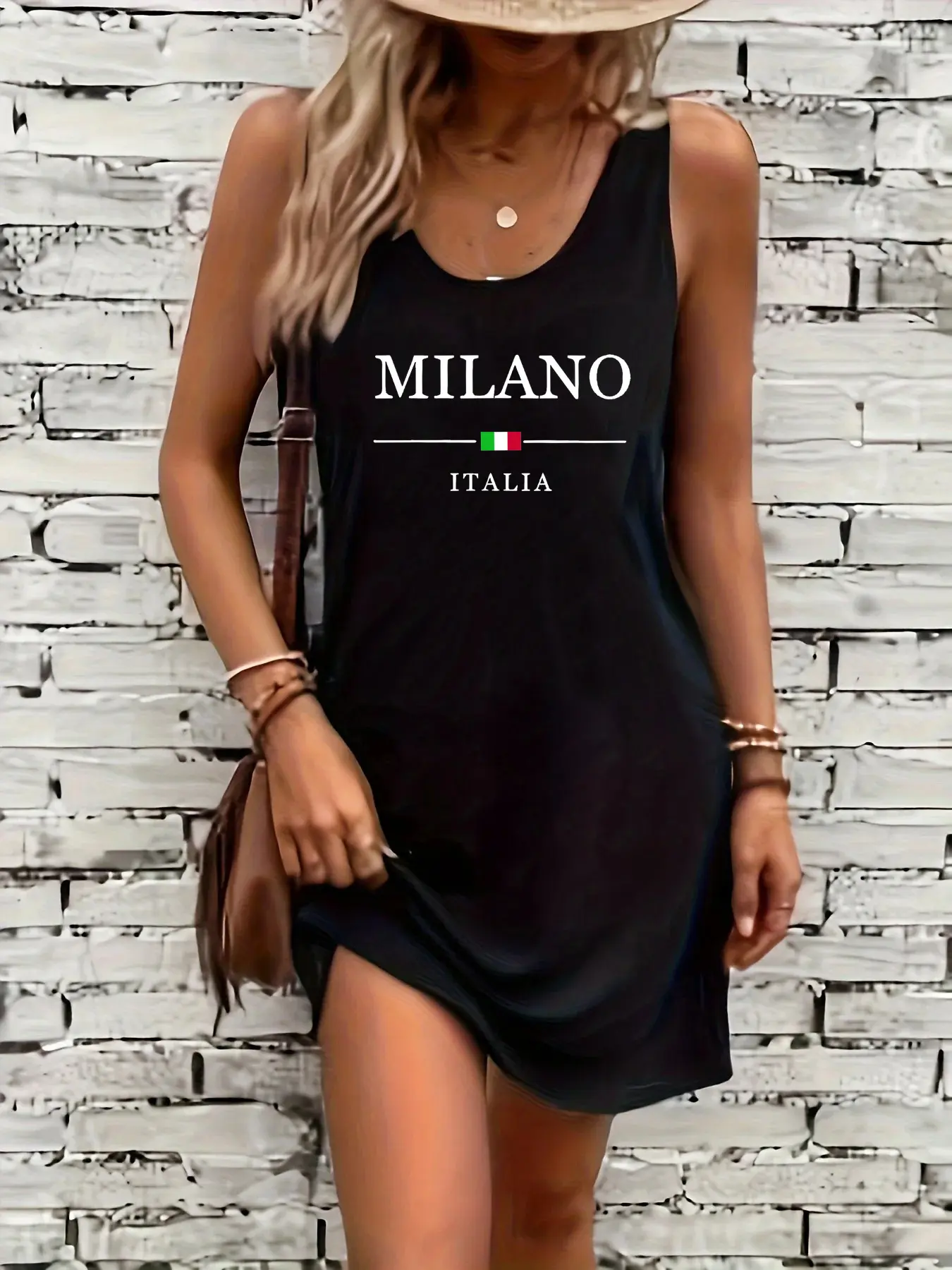 Women's summer loose and comfortable casual LONDON England pattern printed black sleeveless vest dress punk style dress