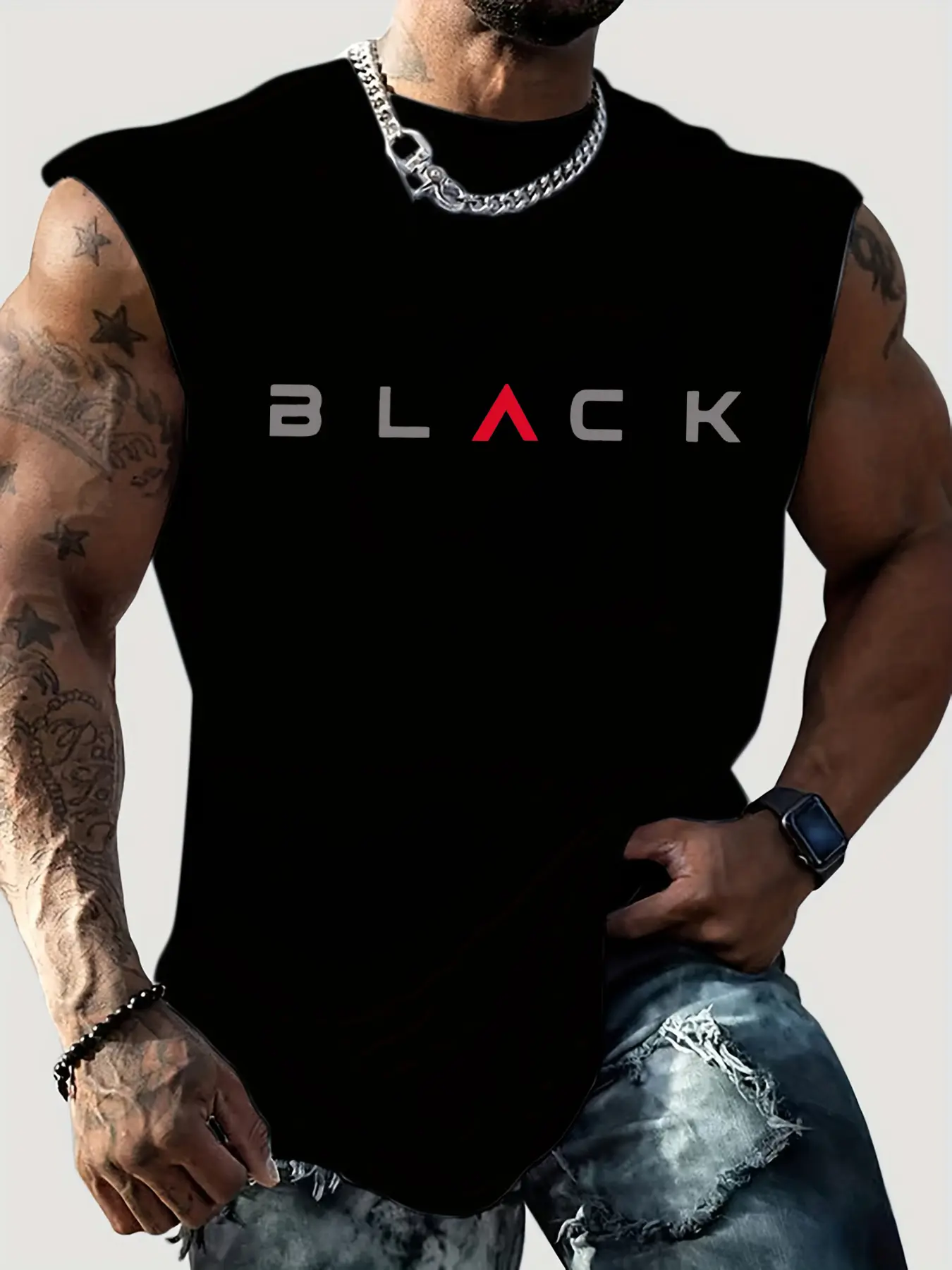 Men's summer casual sports loose fit BLACK letter printed comfortable and breathable round neck sleeveless vest