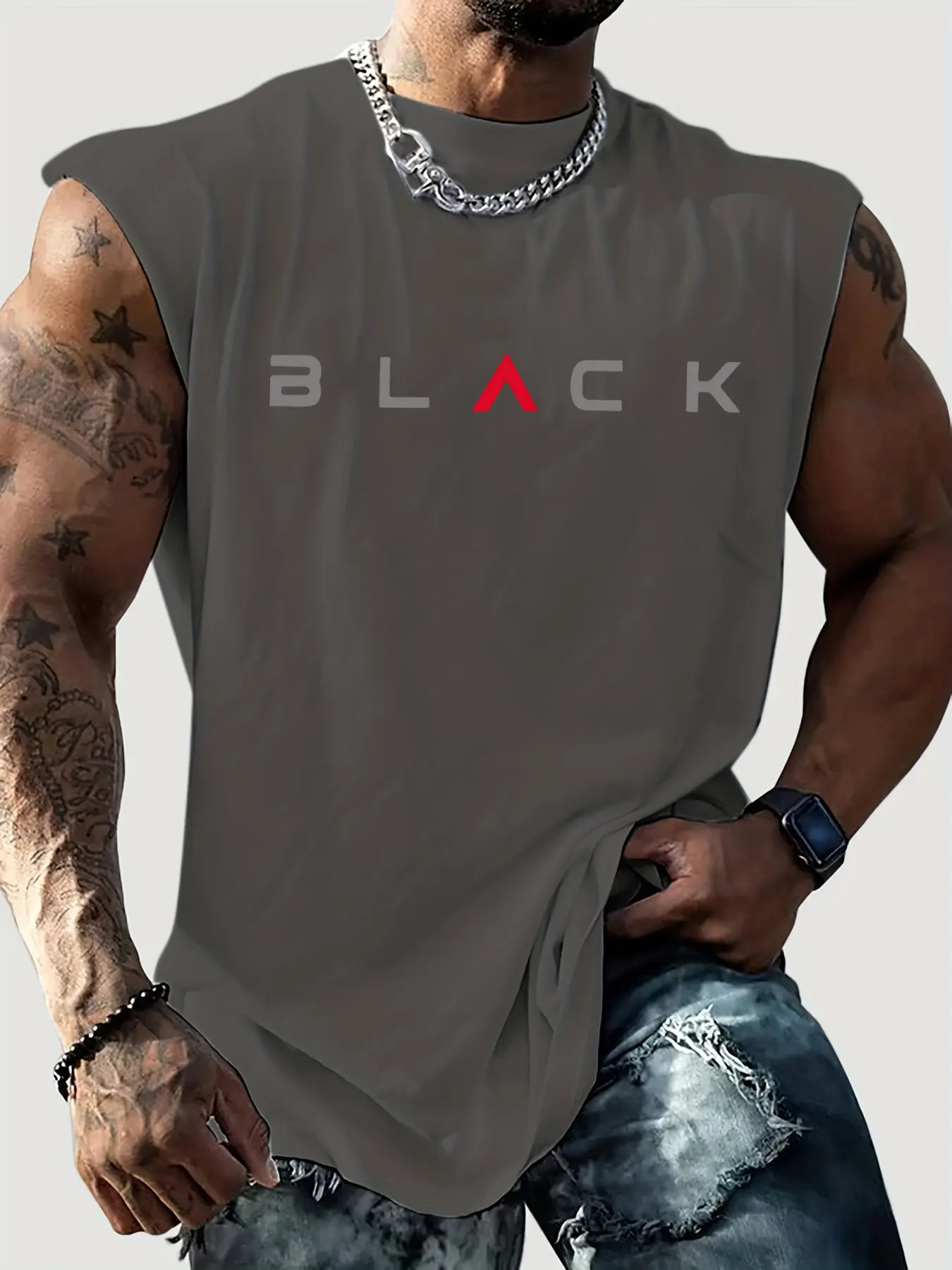 Men's summer casual sports loose fit BLACK letter printed comfortable and breathable round neck sleeveless vest