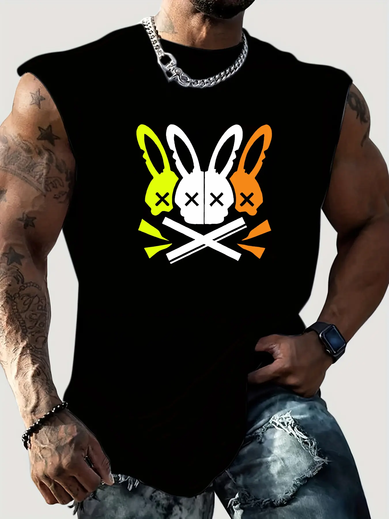Men's summer casual sports loose fit skull rabbit pattern print comfortable and breathable round neck sleeveless vest