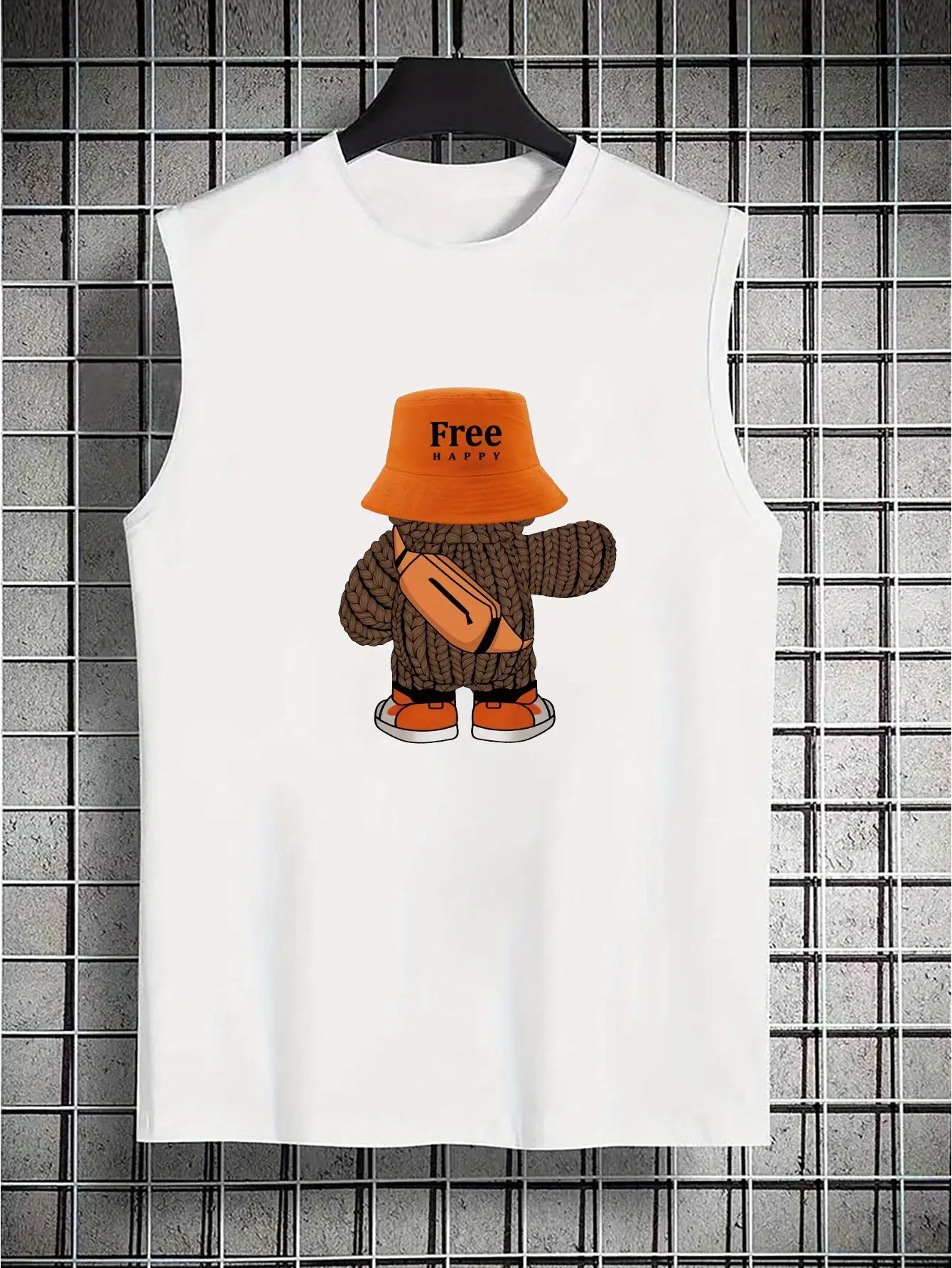 Men's summer casual sports loose fit cartoon bear print comfortable and breathable round neck sleeveless vest