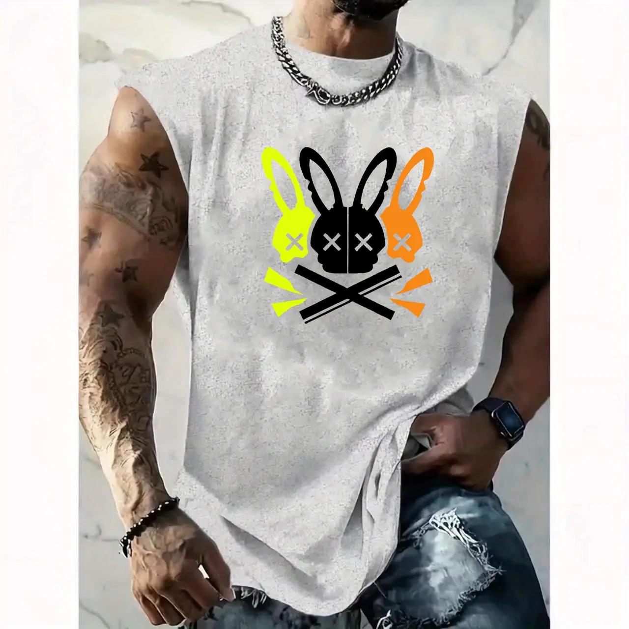 Men's summer casual sports loose fit skull rabbit pattern print comfortable and breathable round neck sleeveless vest