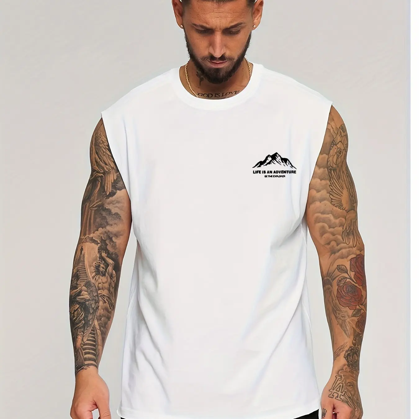 Men's summer casual sports loose fit mountain letter pattern print comfortable and breathable round neck sleeveless vest