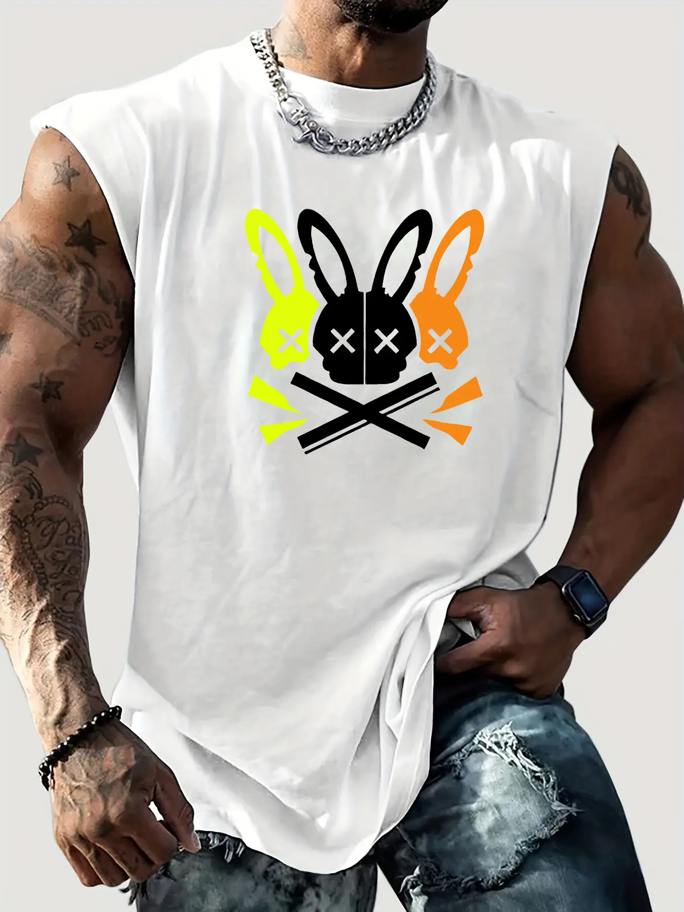 Men's summer casual sports loose fit skull rabbit pattern print comfortable and breathable round neck sleeveless vest