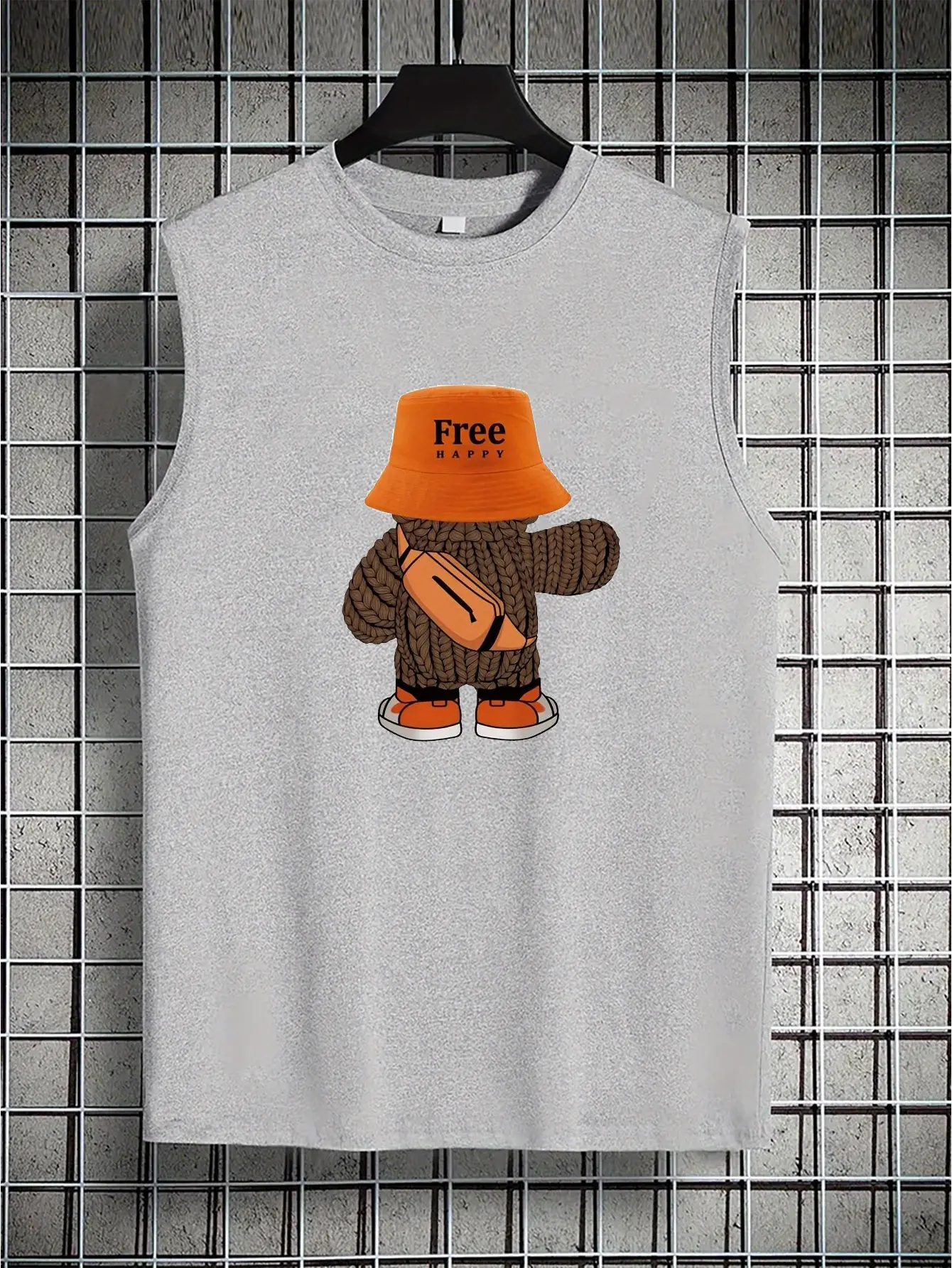 Men's summer casual sports loose fit cartoon bear print comfortable and breathable round neck sleeveless vest
