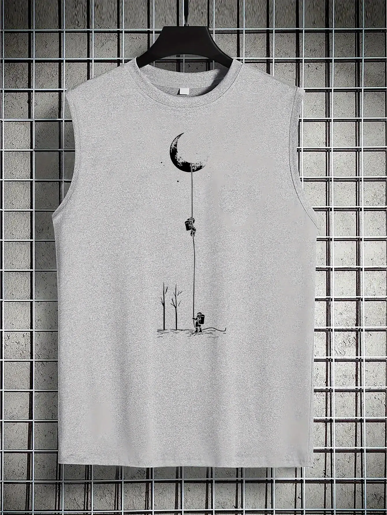 Men's summer casual sports loose fit astronaut landing moon pattern print comfortable and breathable round neck sleeveless vest