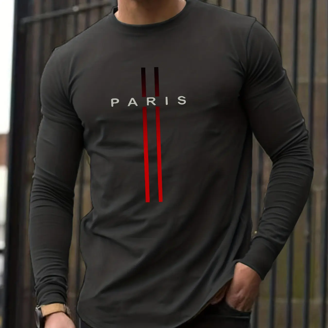 Men's Spring and Autumn 100% Cotton Loose and Comfortable Casual Paris Pattern Printed Round Neck Long Sleeve T-shirt