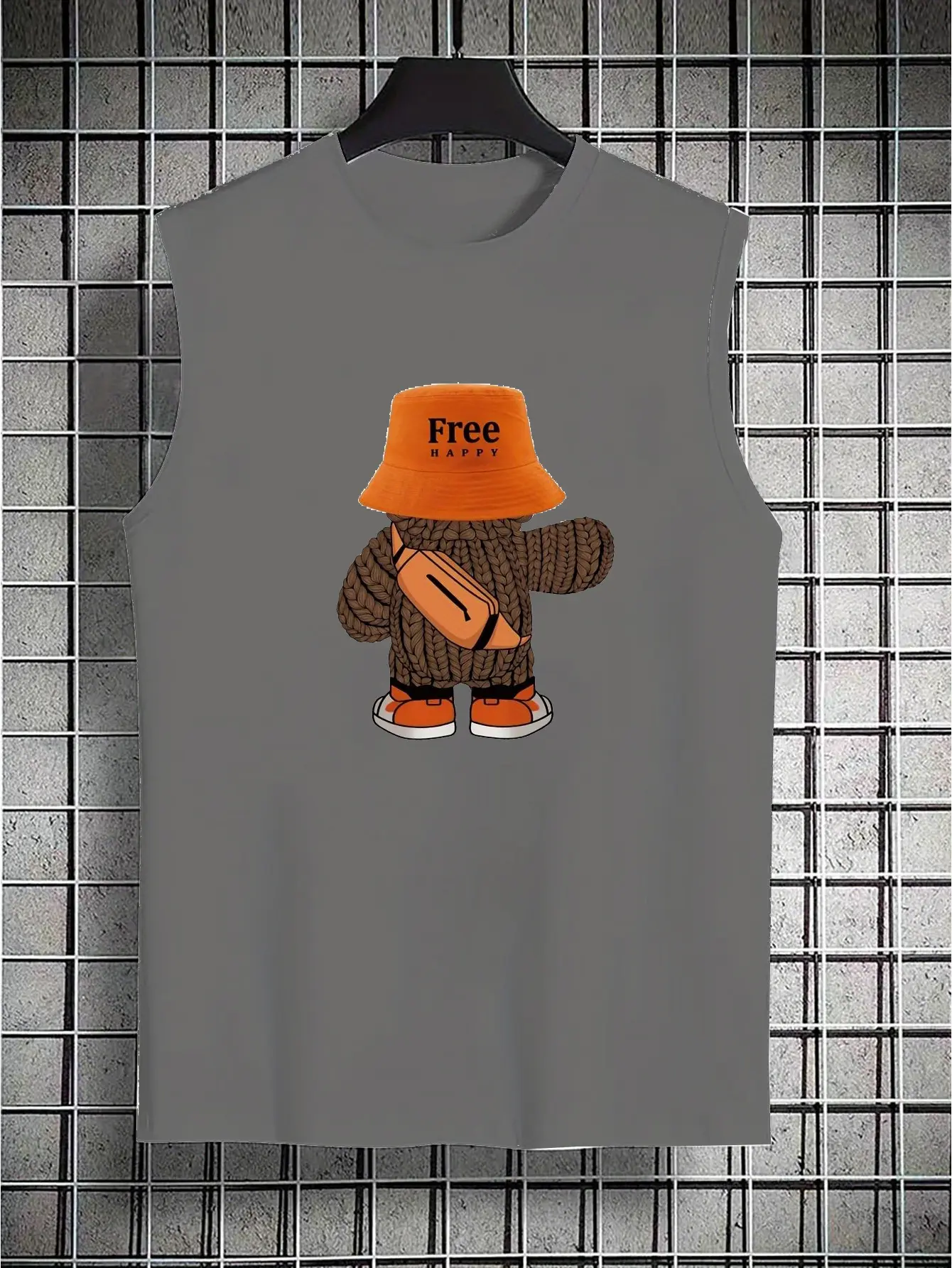 Men's summer casual sports loose fit cartoon bear print comfortable and breathable round neck sleeveless vest