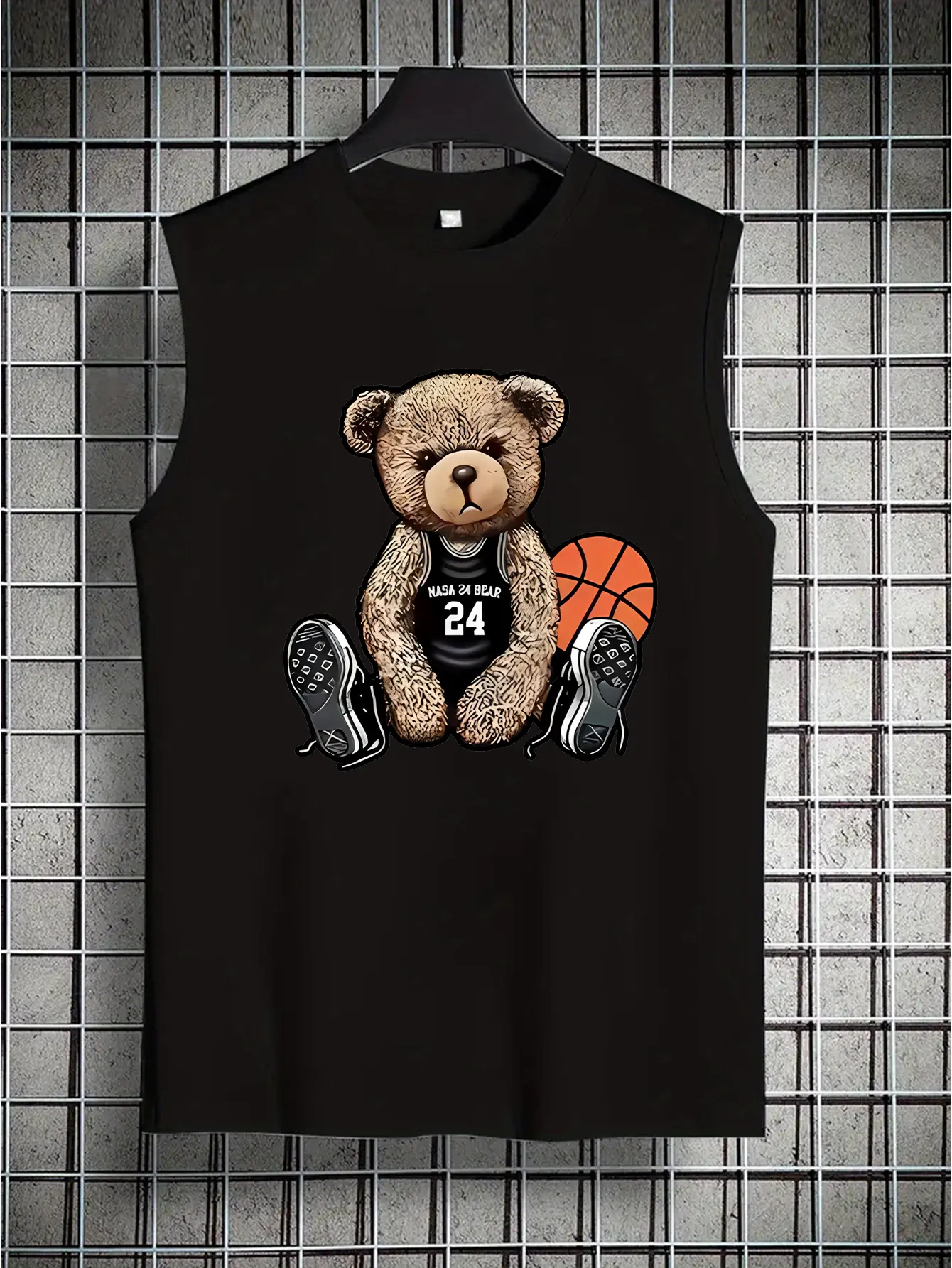 Men's summer casual sports loose fit cartoon bear print comfortable and breathable round neck sleeveless vest