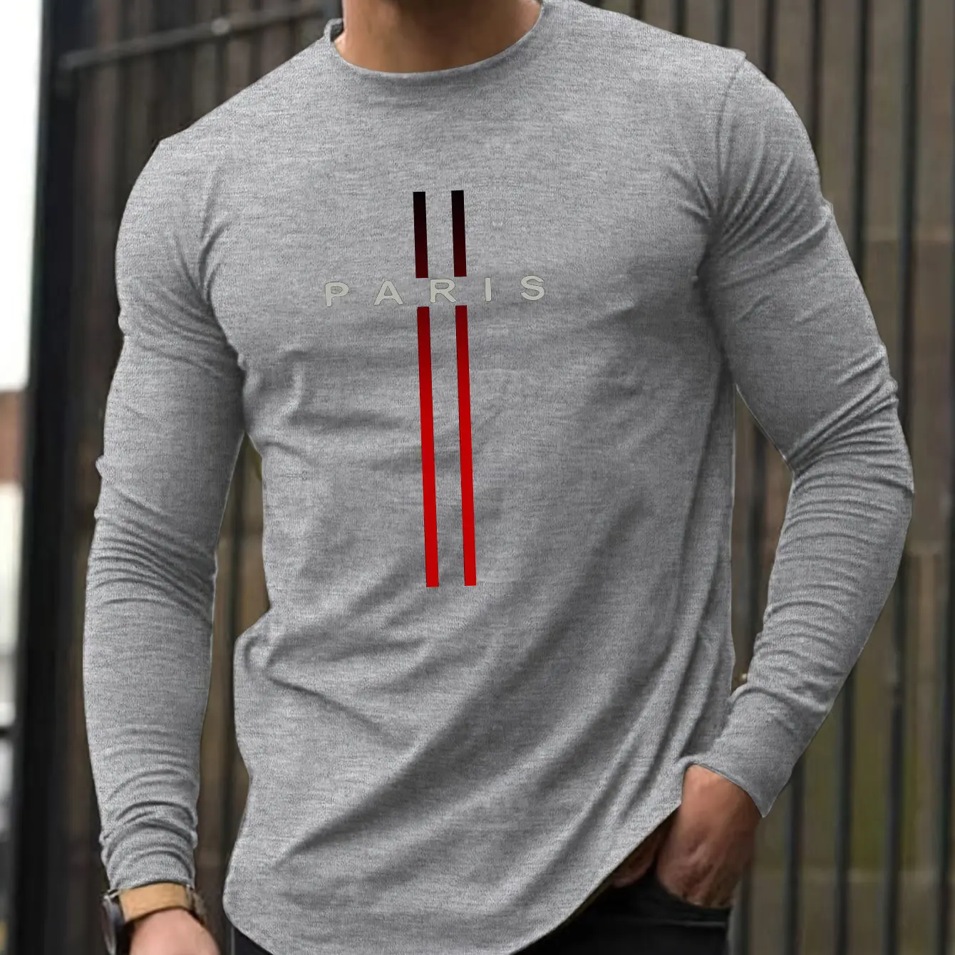 Men's Spring and Autumn 100% Cotton Loose and Comfortable Casual Paris Pattern Printed Round Neck Long Sleeve T-shirt