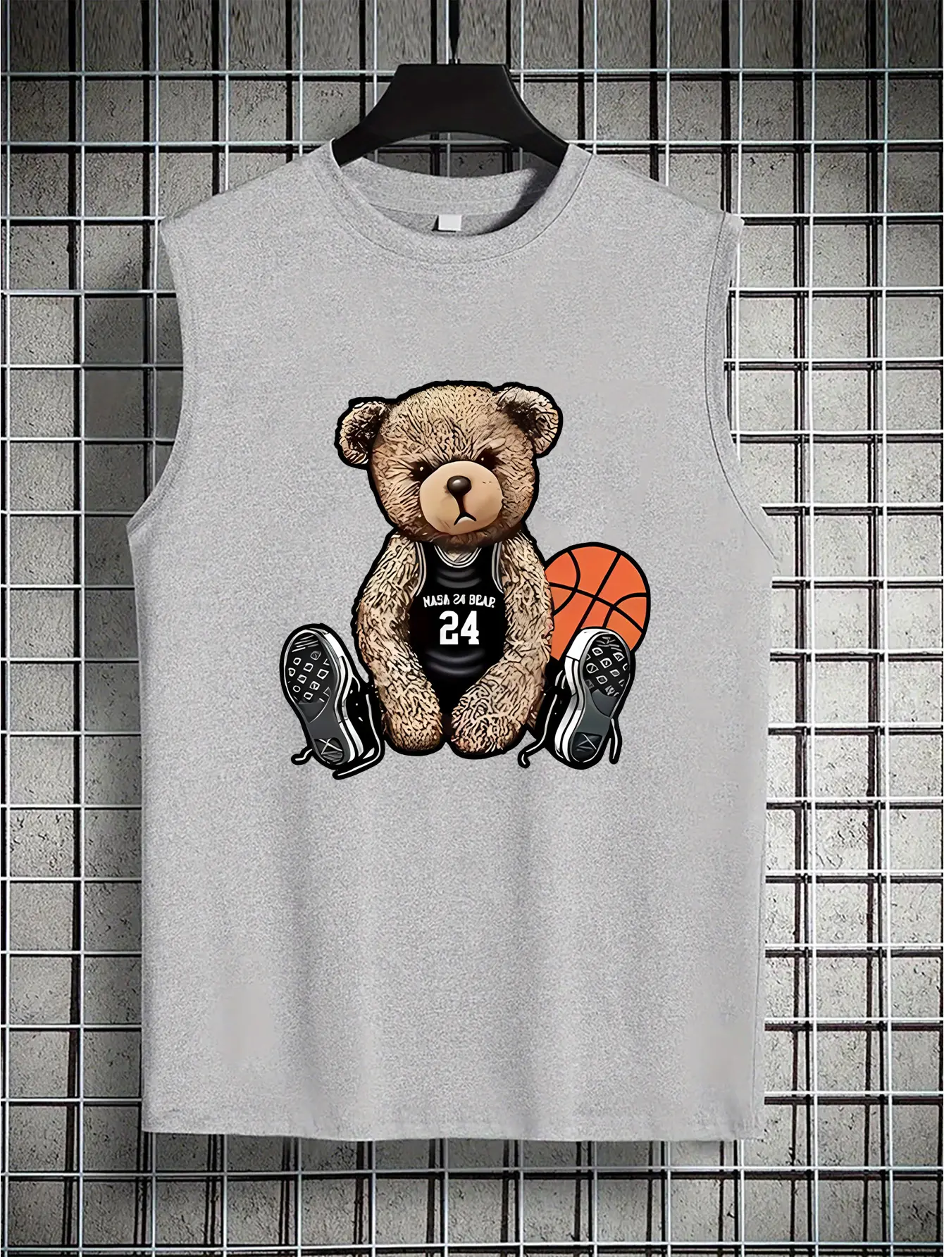 Men's summer casual sports loose fit cartoon bear print comfortable and breathable round neck sleeveless vest