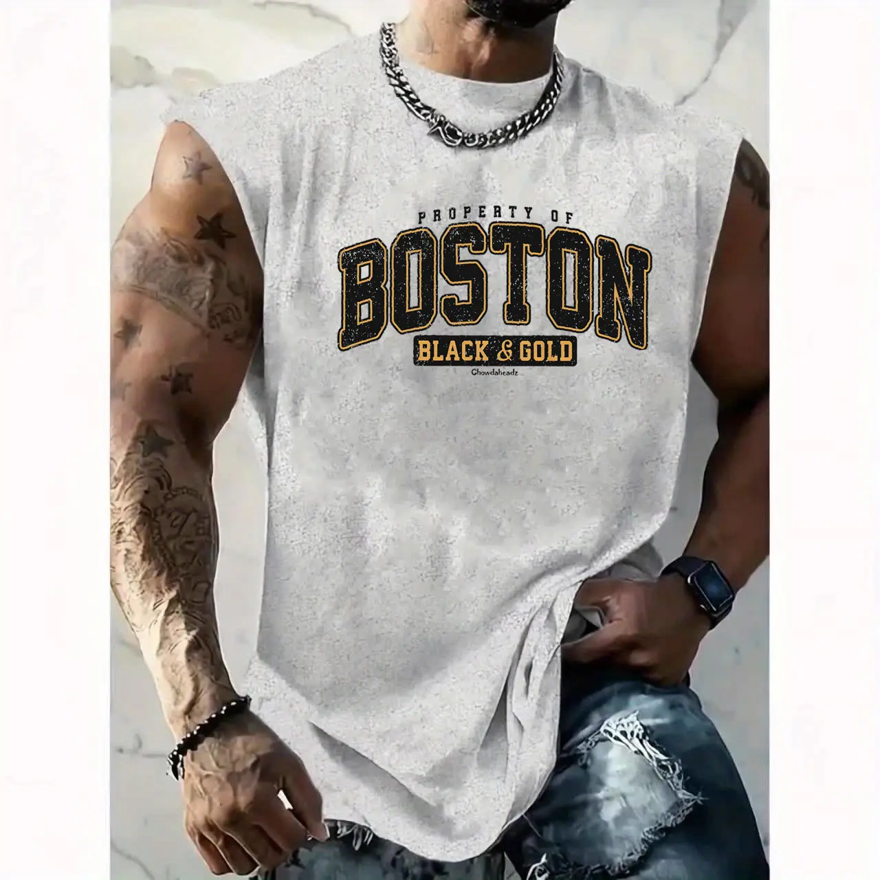 Men's summer casual sports loose fit Boston pattern print comfortable and breathable round neck sleeveless vest