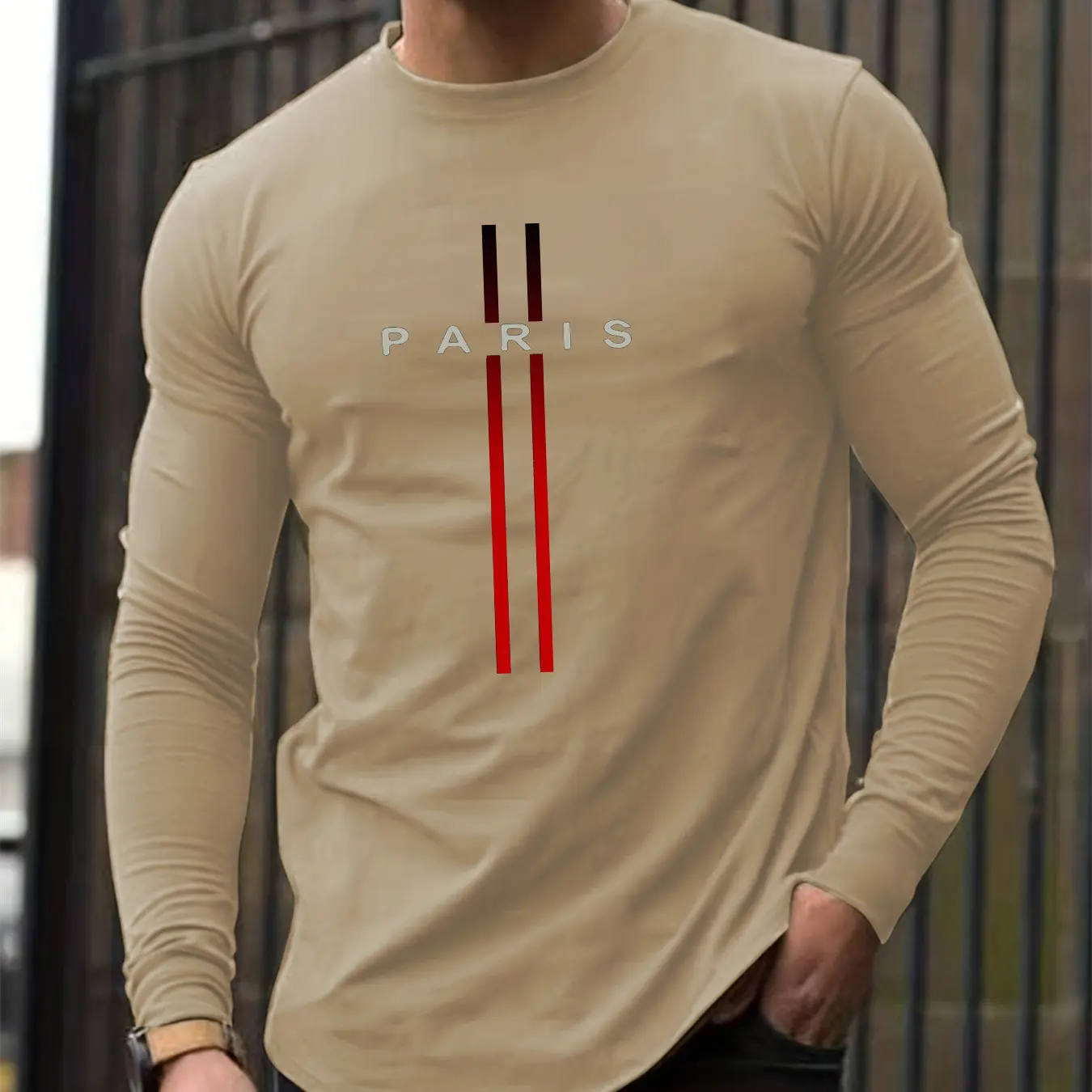 Men's Spring and Autumn 100% Cotton Loose and Comfortable Casual Paris Pattern Printed Round Neck Long Sleeve T-shirt