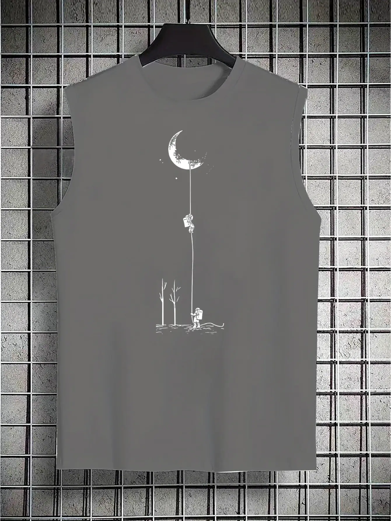 Men's summer casual sports loose fit astronaut landing moon pattern print comfortable and breathable round neck sleeveless vest