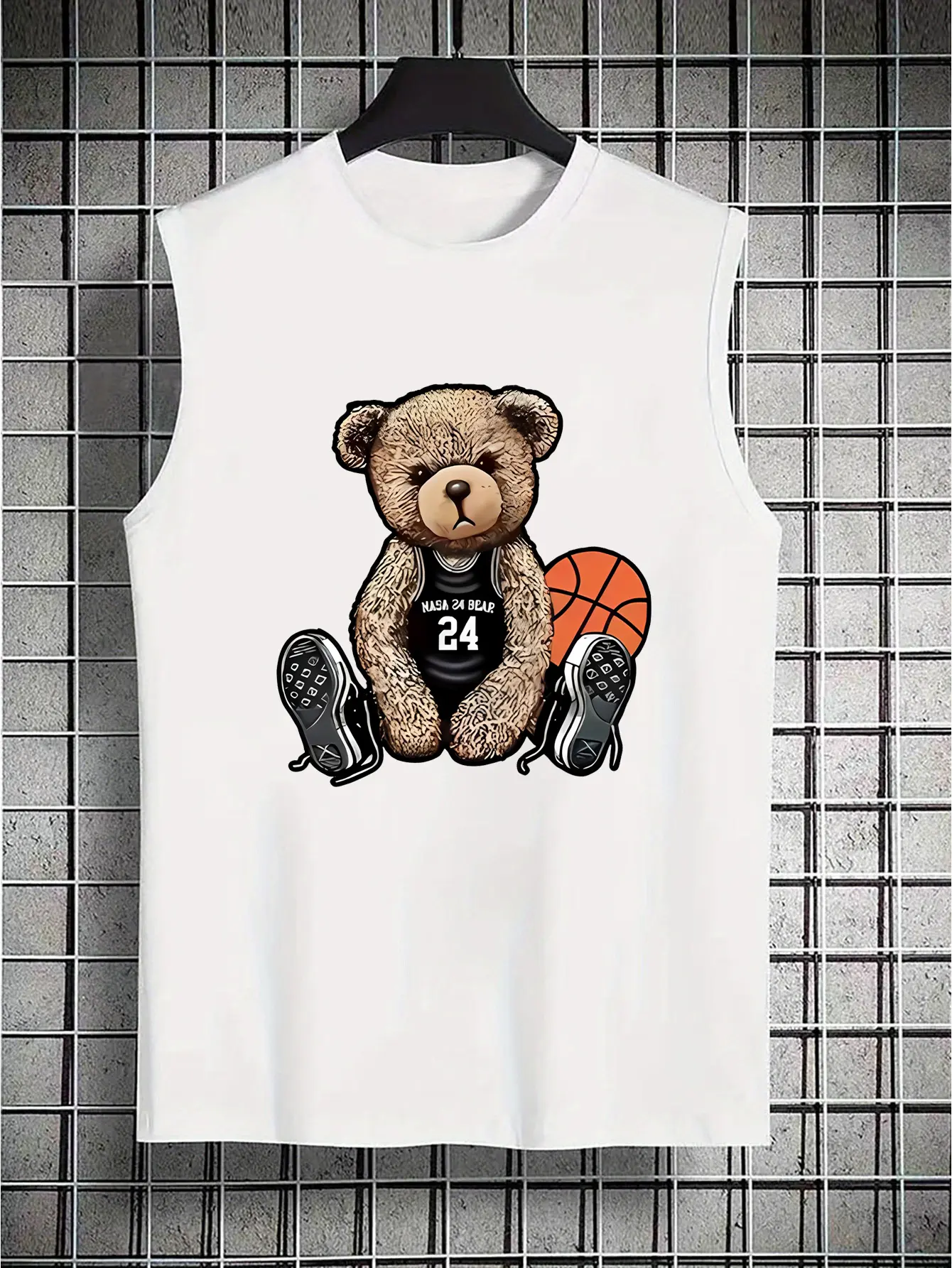 Men's summer casual sports loose fit cartoon bear print comfortable and breathable round neck sleeveless vest
