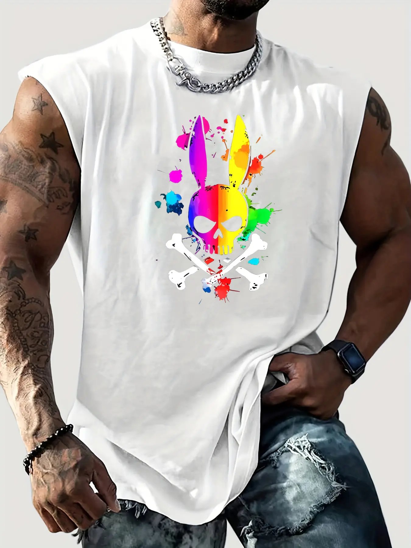 Men's summer casual sports fitness loose skeleton rabbit print comfortable and breathable round neck sleeveless vest