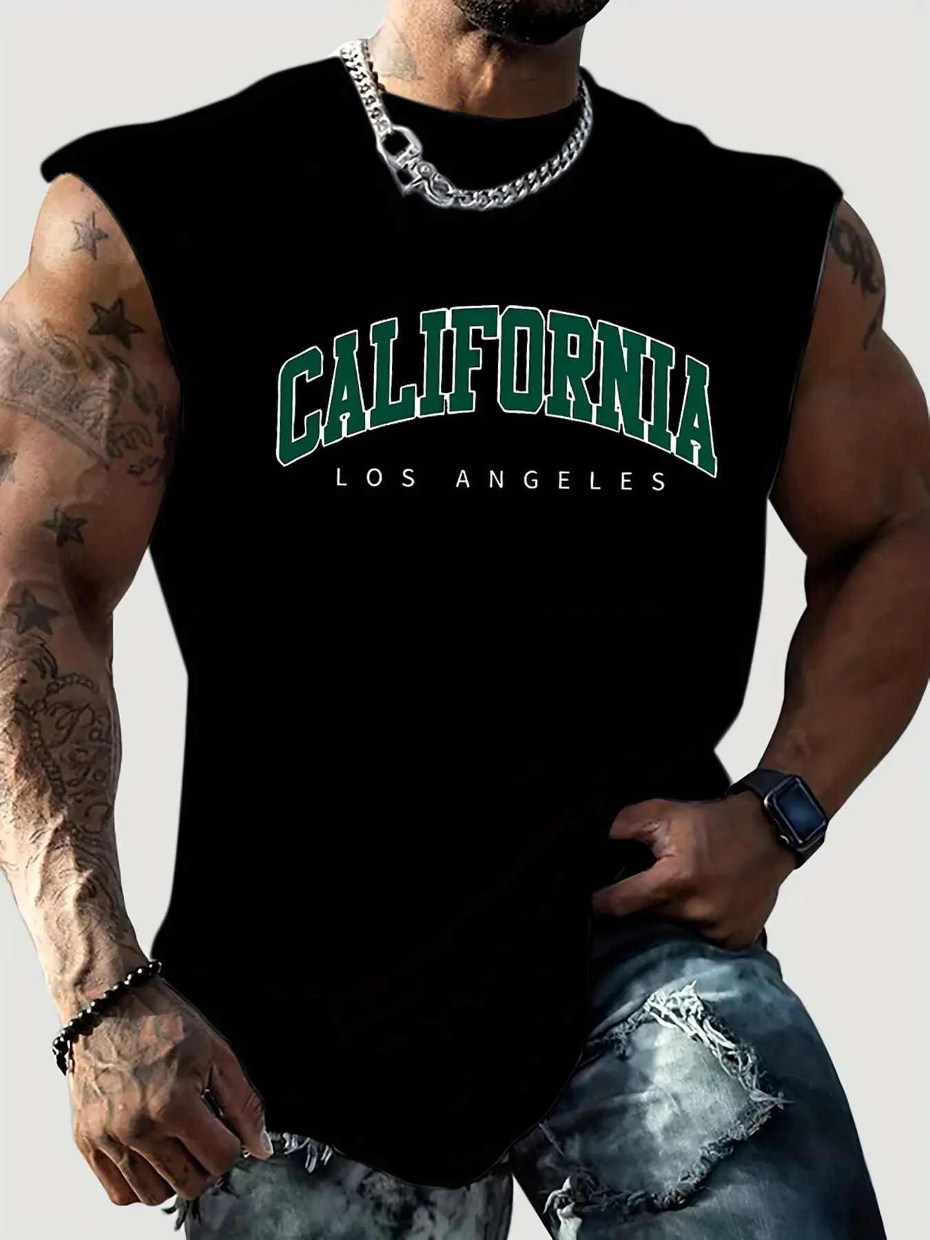 Men's summer casual sports loose fit California letter print comfortable and breathable round neck sleeveless vest