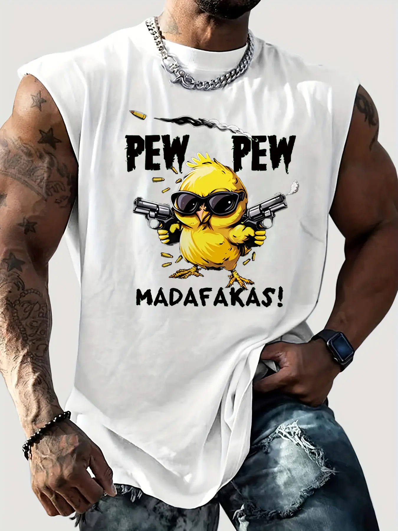 Men's summer casual sports loose fit cartoon chicken pattern printed comfortable and breathable round neck sleeveless vest