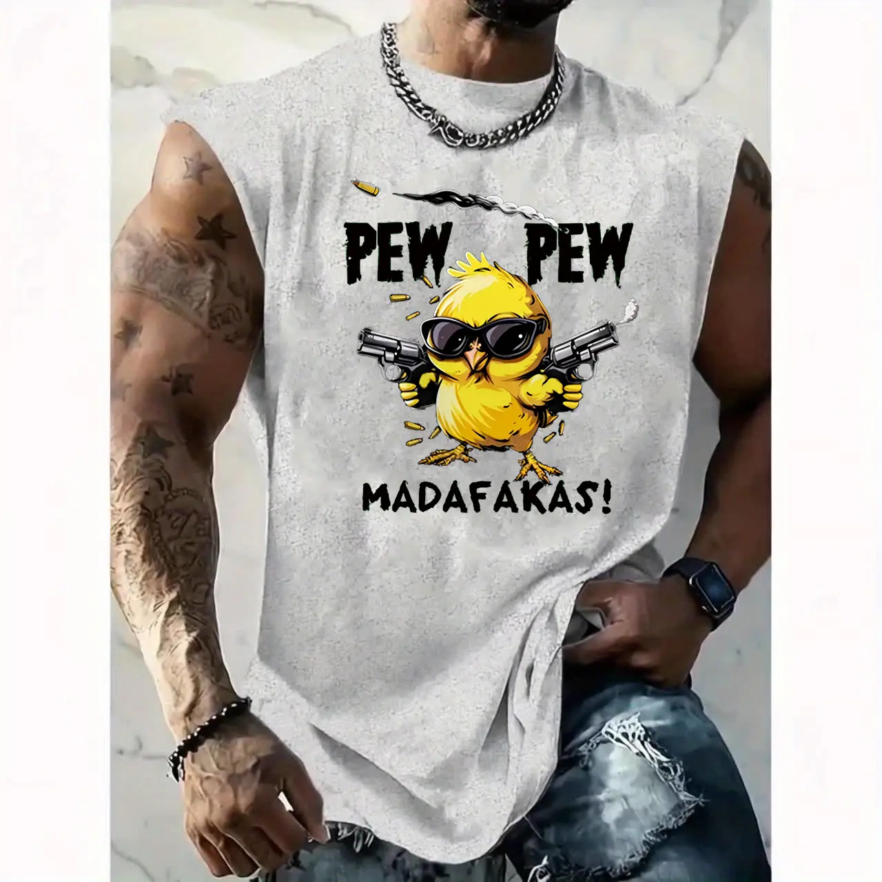 Men's summer casual sports loose fit cartoon chicken pattern printed comfortable and breathable round neck sleeveless vest