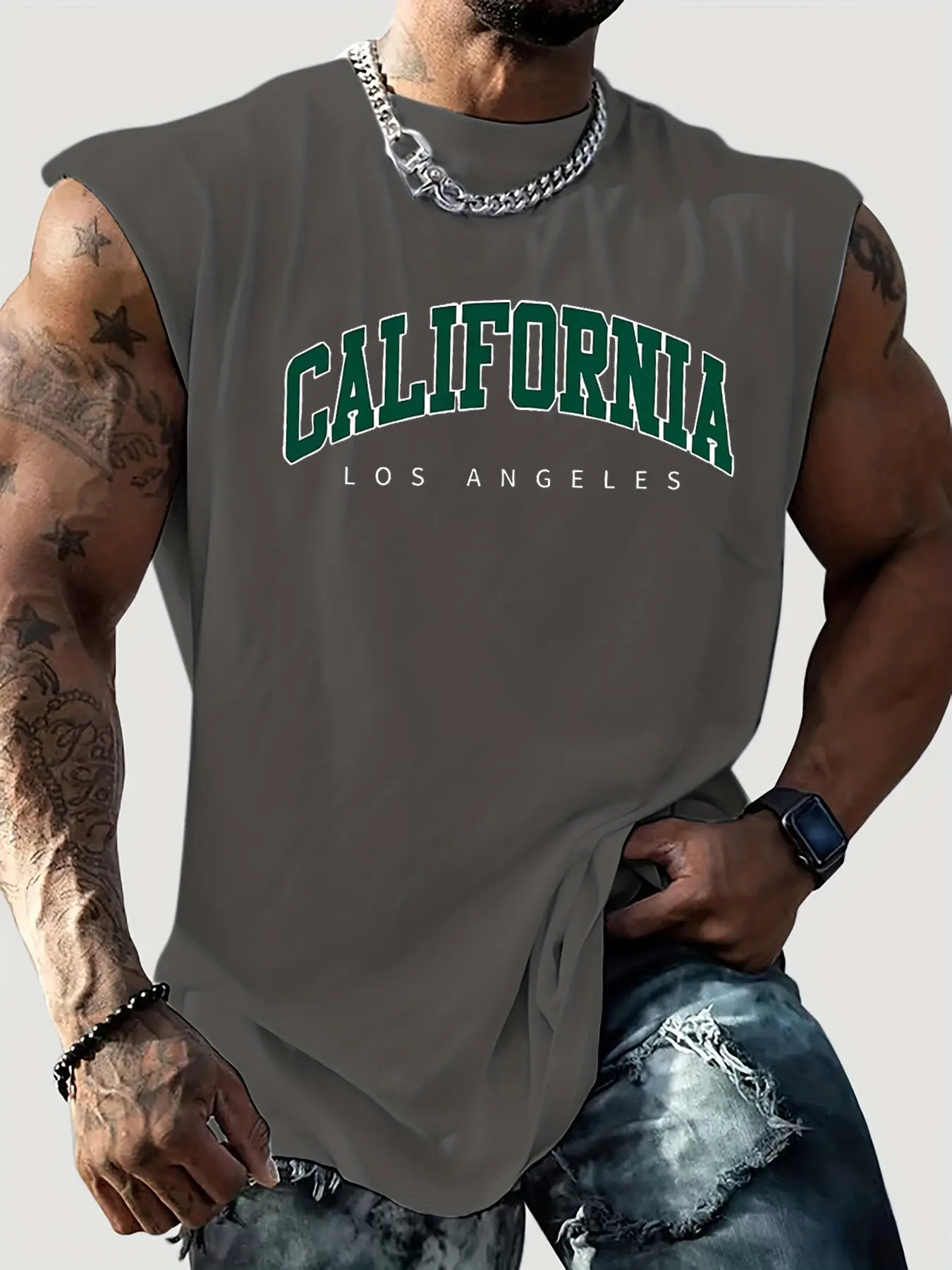 Men's summer casual sports loose fit California letter print comfortable and breathable round neck sleeveless vest