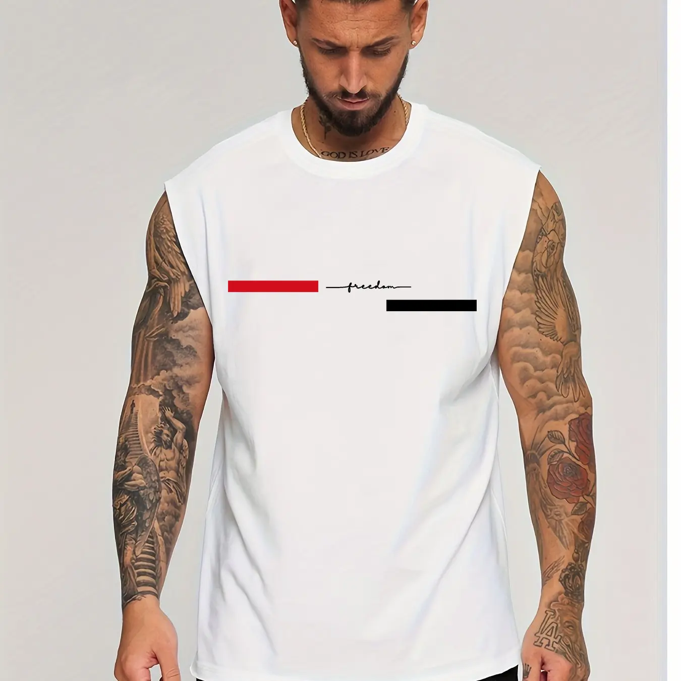 Men's Summer Leisure Sports Fitness Loose Freedom Pattern Printed Comfortable Breathable Round Neck Sleeveless Tank Top