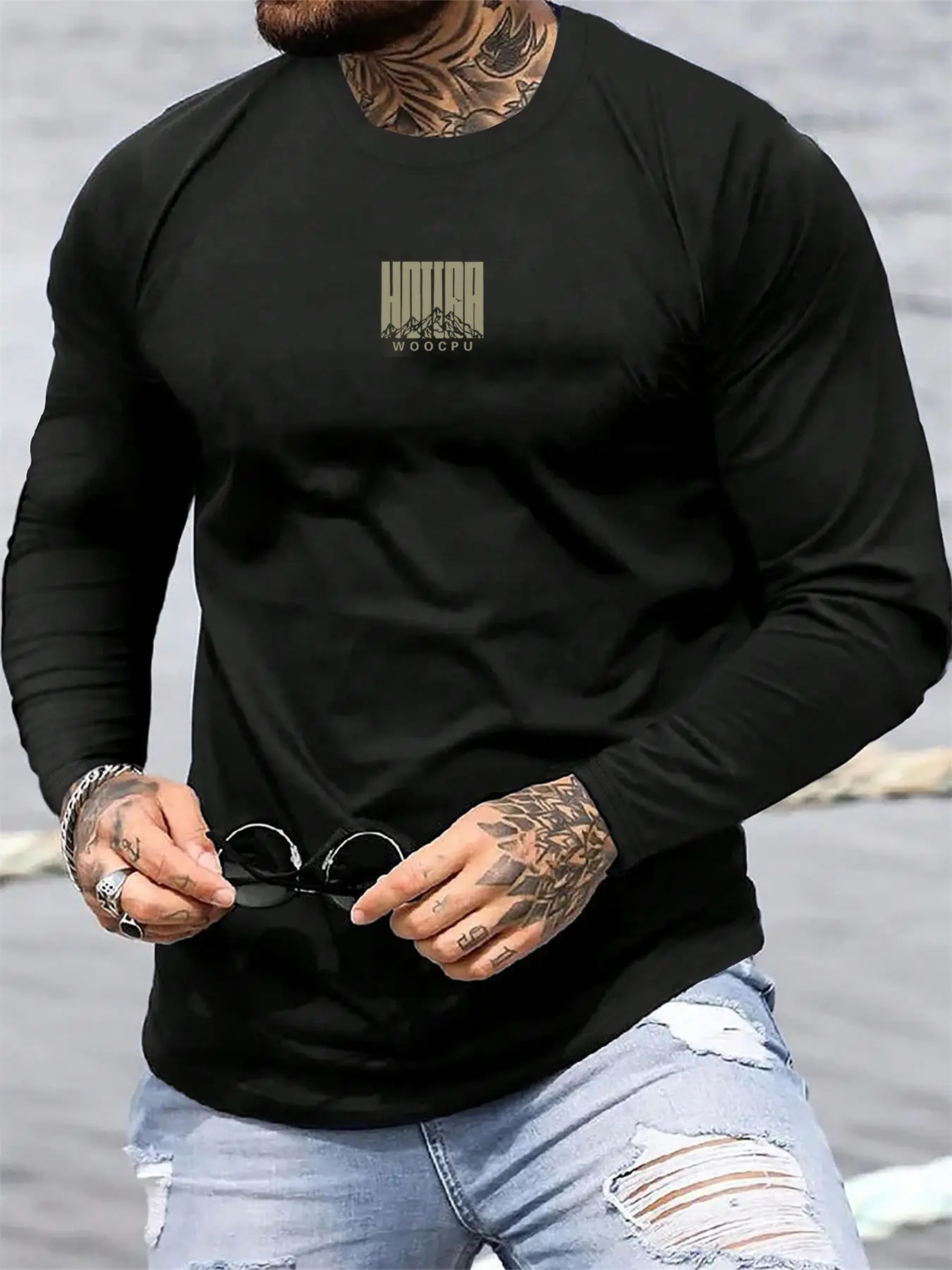Men's Spring and Autumn 100% Cotton Comfortable and Casual WOOCPU Letter Pattern Printed Round Neck Long Sleeve T-shirt Top