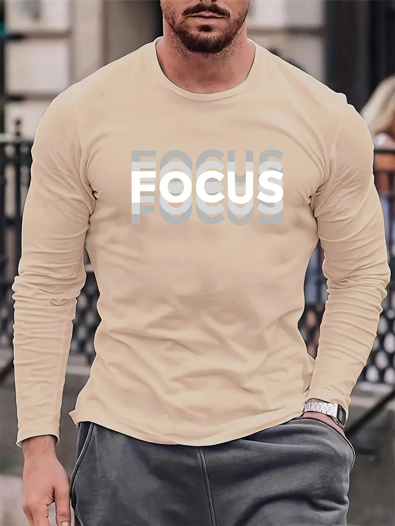 Men's Spring and Autumn 100% Cotton Comfortable Casual FOCUS Letter Pattern Printed Round Neck Long Sleeve T-shirt Top