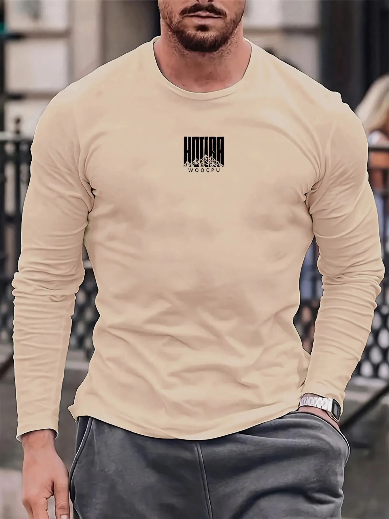 Men's Spring and Autumn 100% Cotton Comfortable and Casual WOOCPU Letter Pattern Printed Round Neck Long Sleeve T-shirt Top