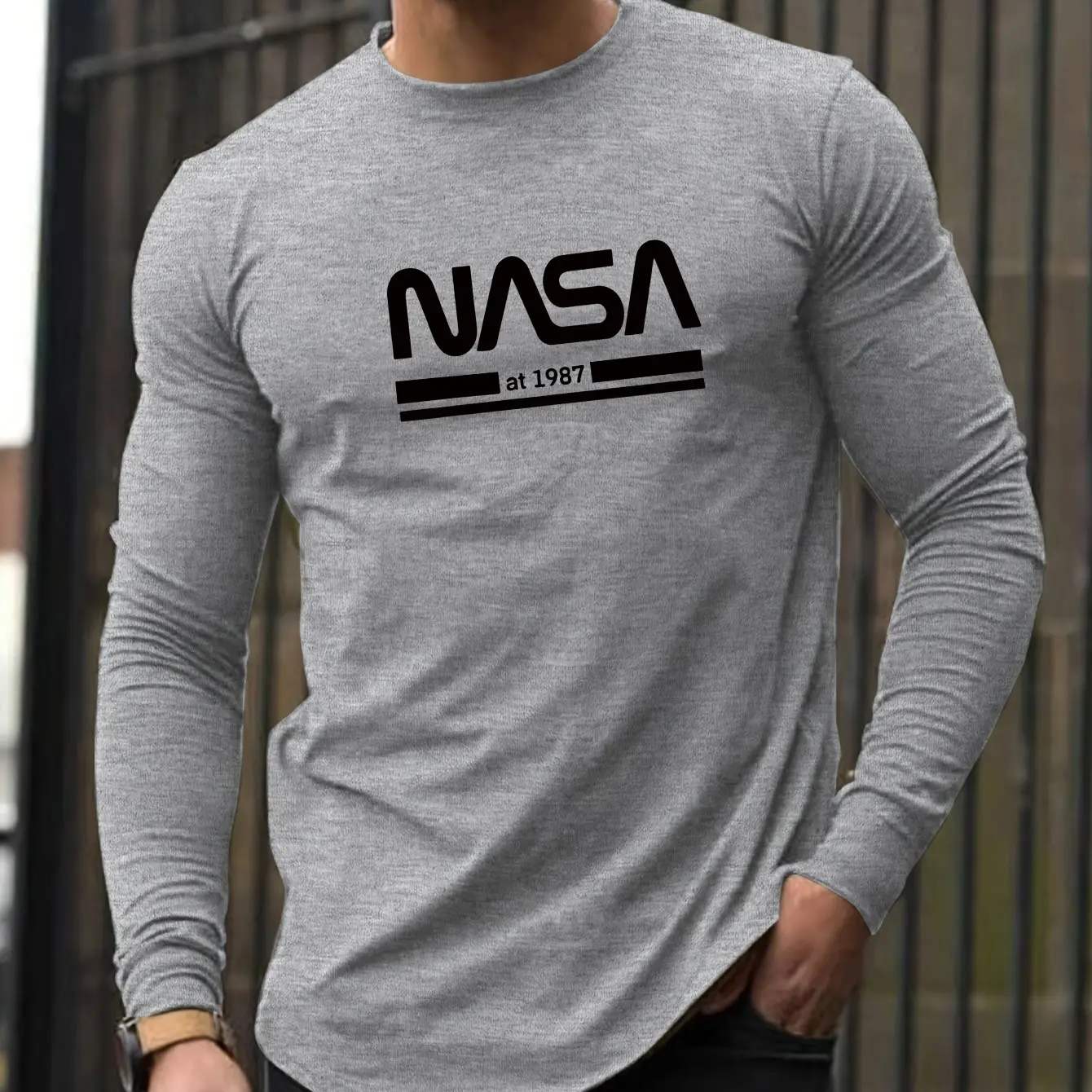 Men's Spring and Autumn 100% Cotton Loose Comfortable Casual NASA Letter Printed Round Neck Long Sleeve T-shirt