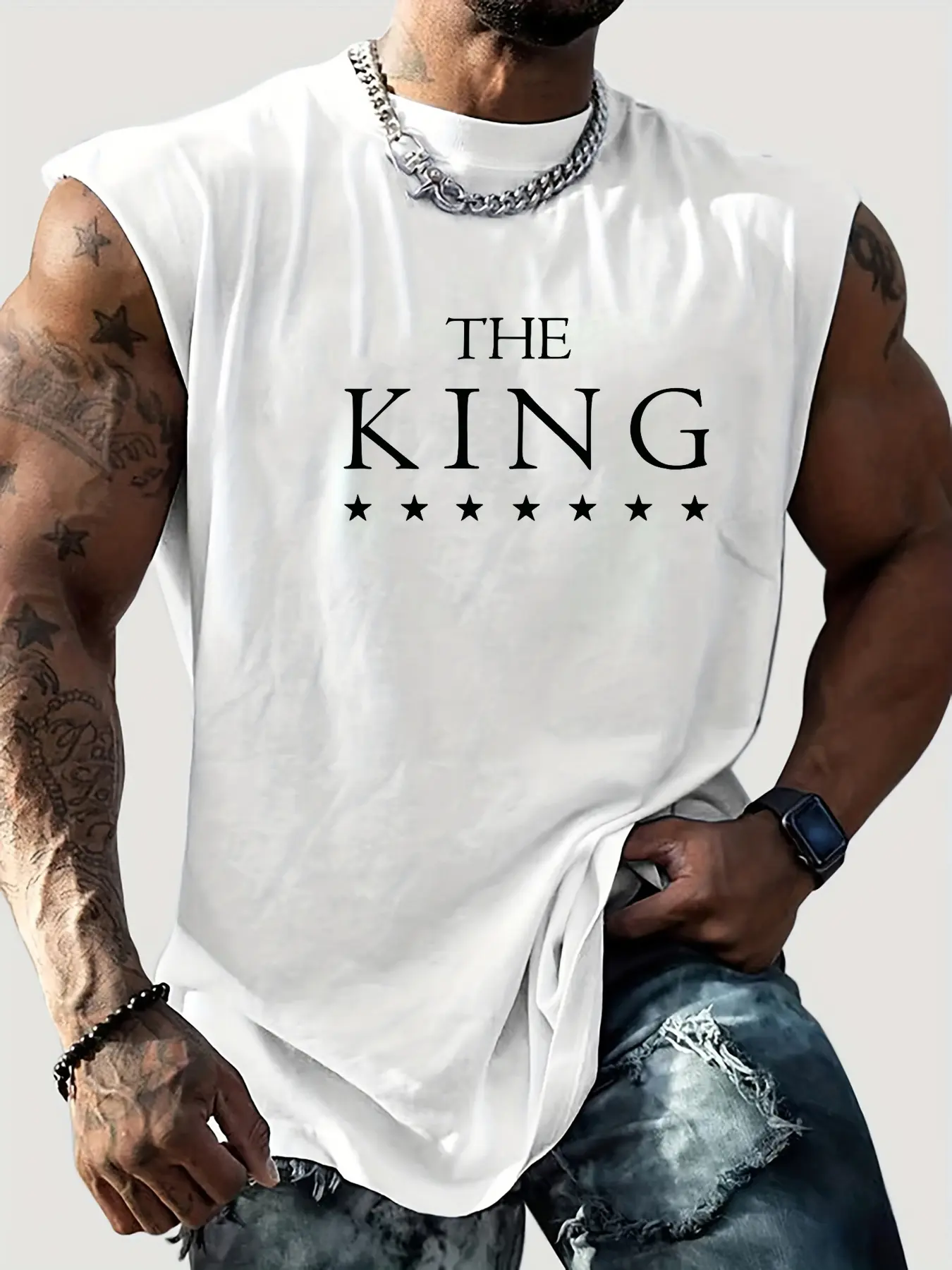 Men's Summer Leisure Sports Fitness Loose THE KING Printed Comfortable Breathable Round Neck Sleeveless Tank Top