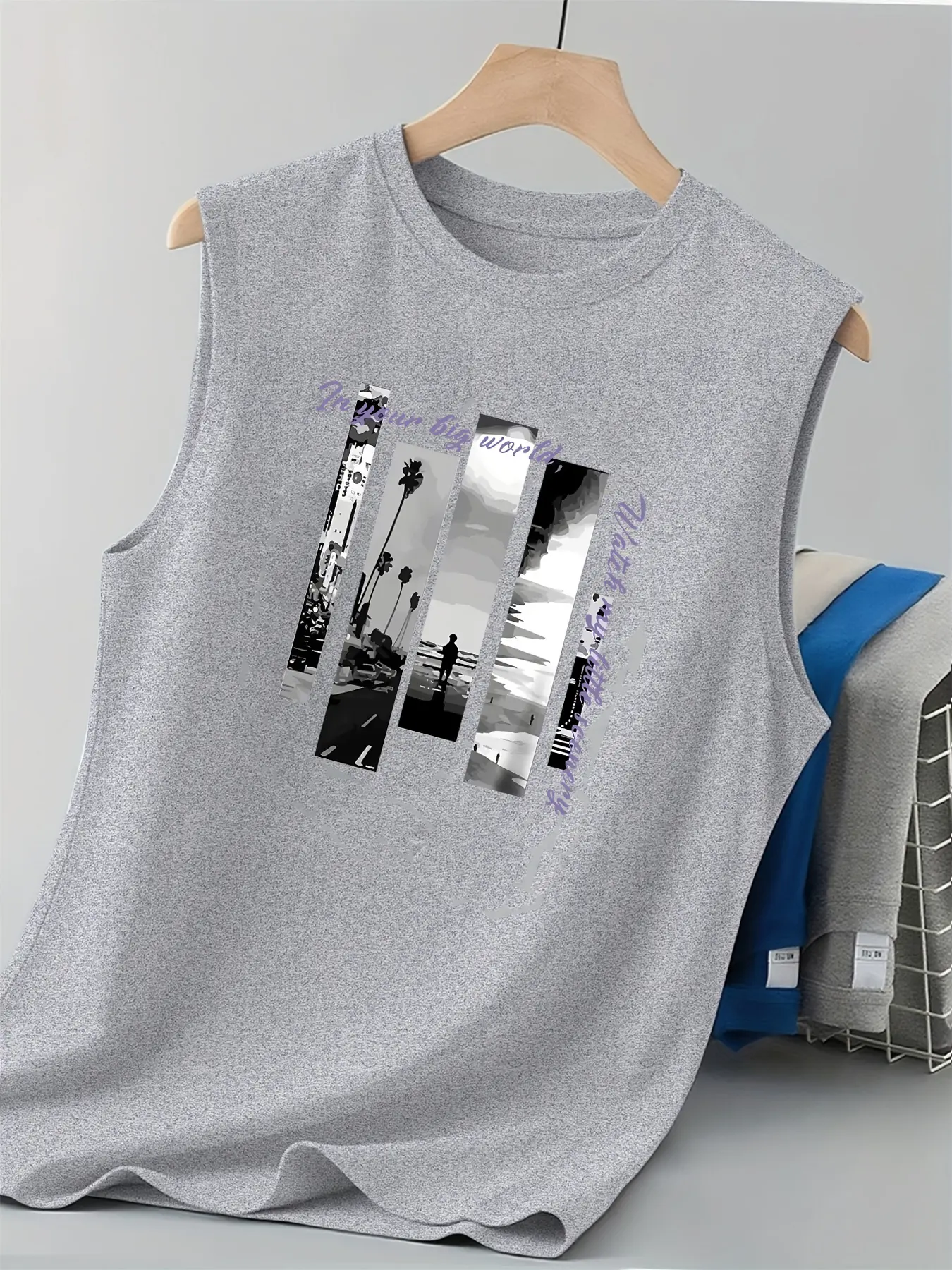 Men's Summer Leisure Sports Fitness Loose Fashion Pattern Printed Comfortable Breathable Round Neck Sleeveless Tank Top