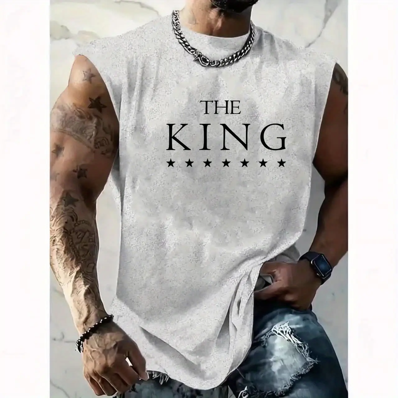 Men's Summer Leisure Sports Fitness Loose THE KING Printed Comfortable Breathable Round Neck Sleeveless Tank Top
