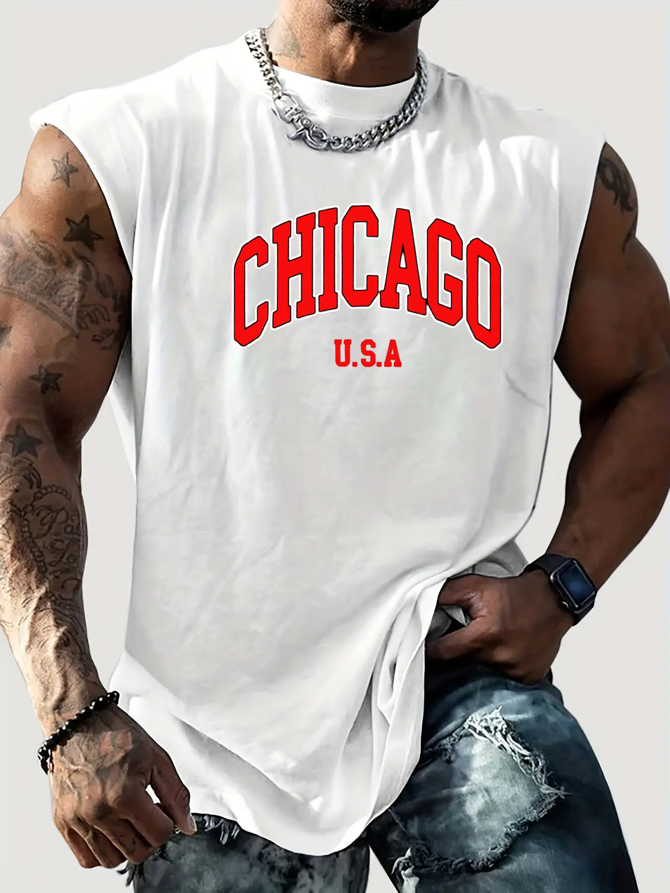 Men's Summer Leisure Sports Fitness Loose Chicago USA Printed Comfortable Breathable Round Neck Sleeveless Tank Top
