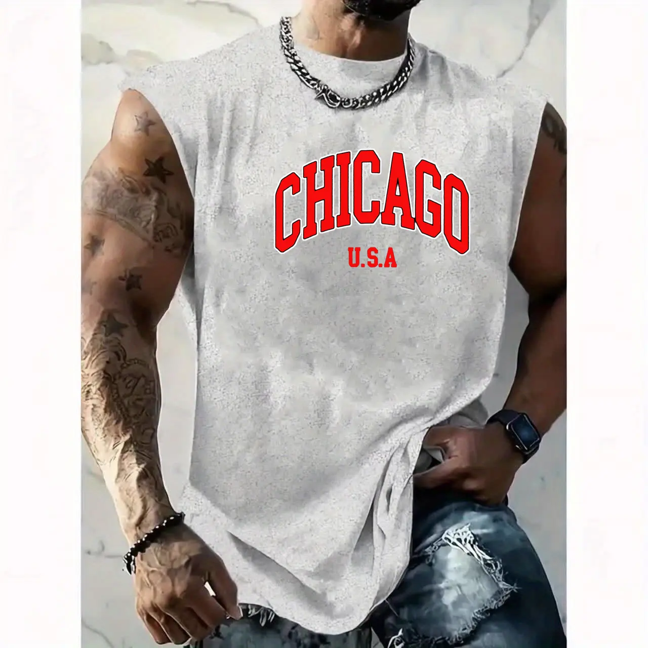 Men's Summer Leisure Sports Fitness Loose Chicago USA Printed Comfortable Breathable Round Neck Sleeveless Tank Top