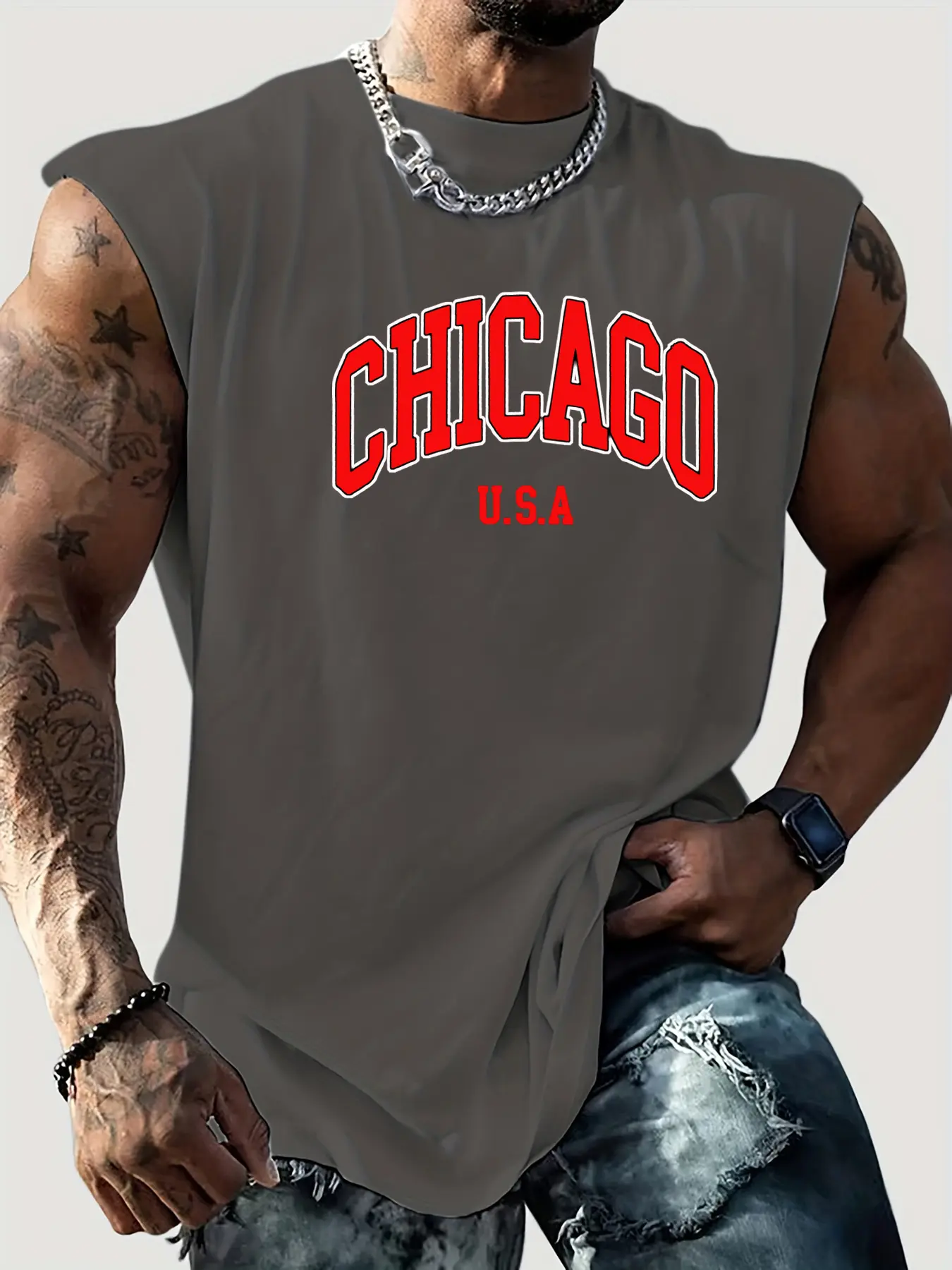 Men's Summer Leisure Sports Fitness Loose Chicago USA Printed Comfortable Breathable Round Neck Sleeveless Tank Top