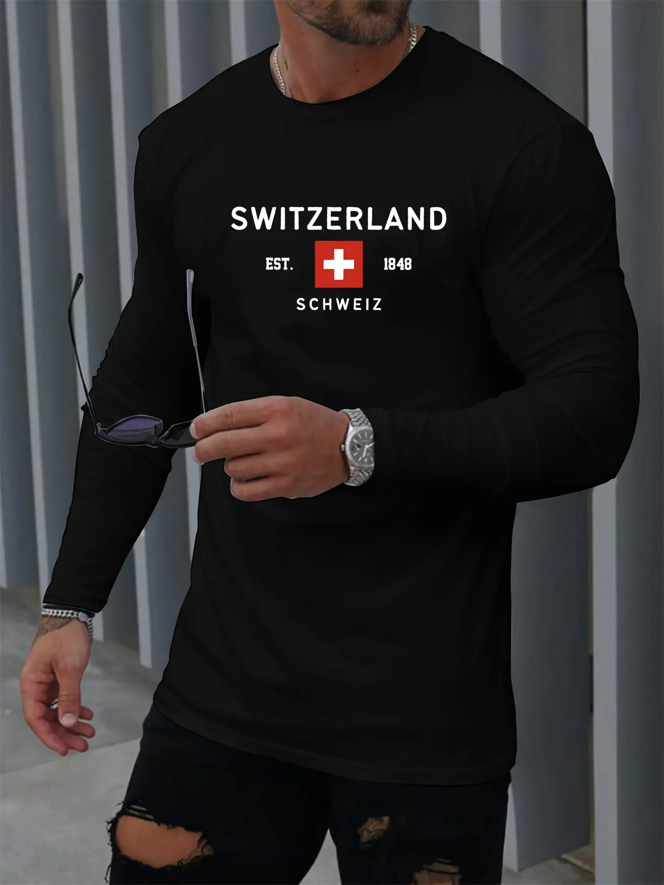 Men's Spring and Autumn 100% Cotton Comfortable Casual SWITZERLAND Pattern Printed Round Neck Long Sleeve T-shirt Top