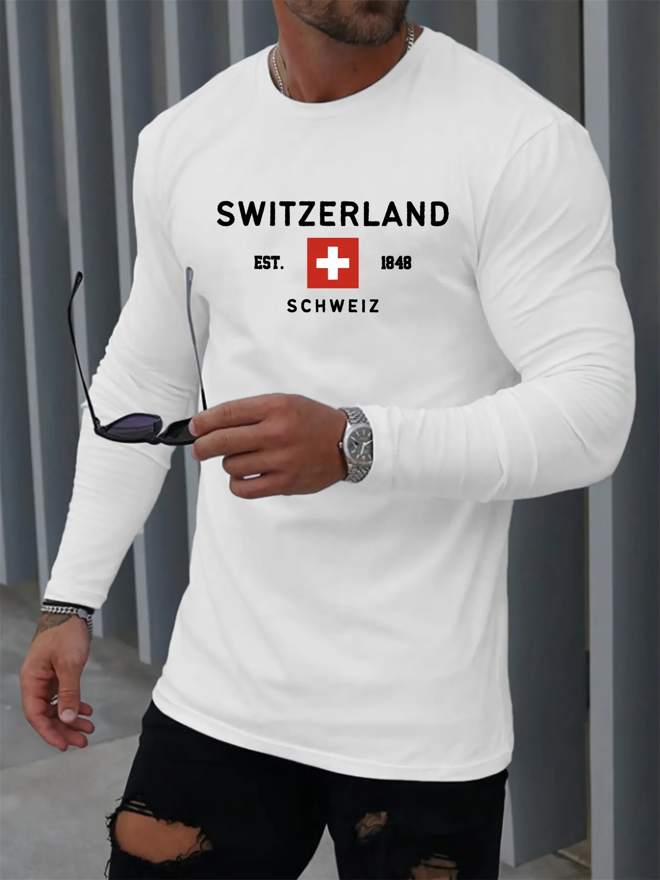 Men's Spring and Autumn 100% Cotton Comfortable Casual SWITZERLAND Pattern Printed Round Neck Long Sleeve T-shirt Top