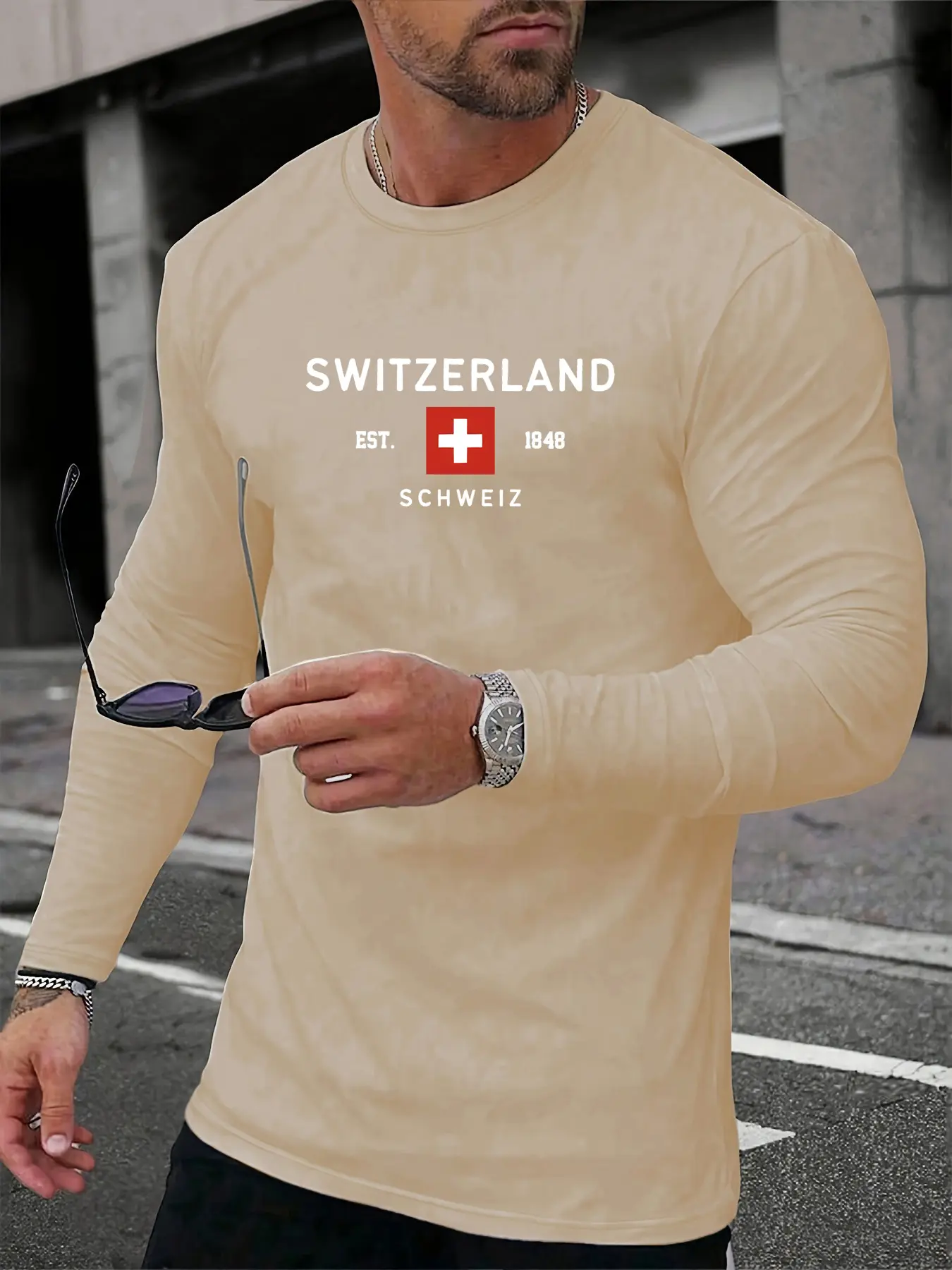 Men's Spring and Autumn 100% Cotton Comfortable Casual SWITZERLAND Pattern Printed Round Neck Long Sleeve T-shirt Top