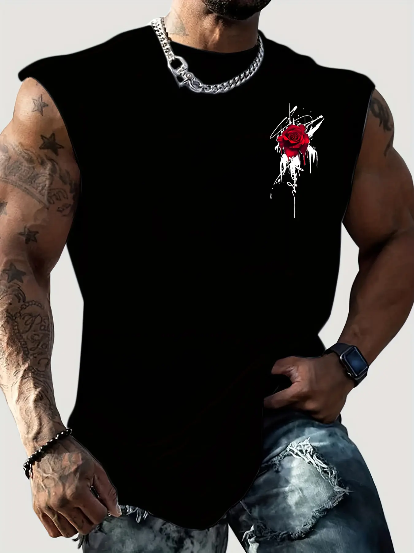Men's Summer Leisure Sports Fitness Loose Rose Pattern Printed Comfortable and Breathable Round Neck Sleeveless Tank Top