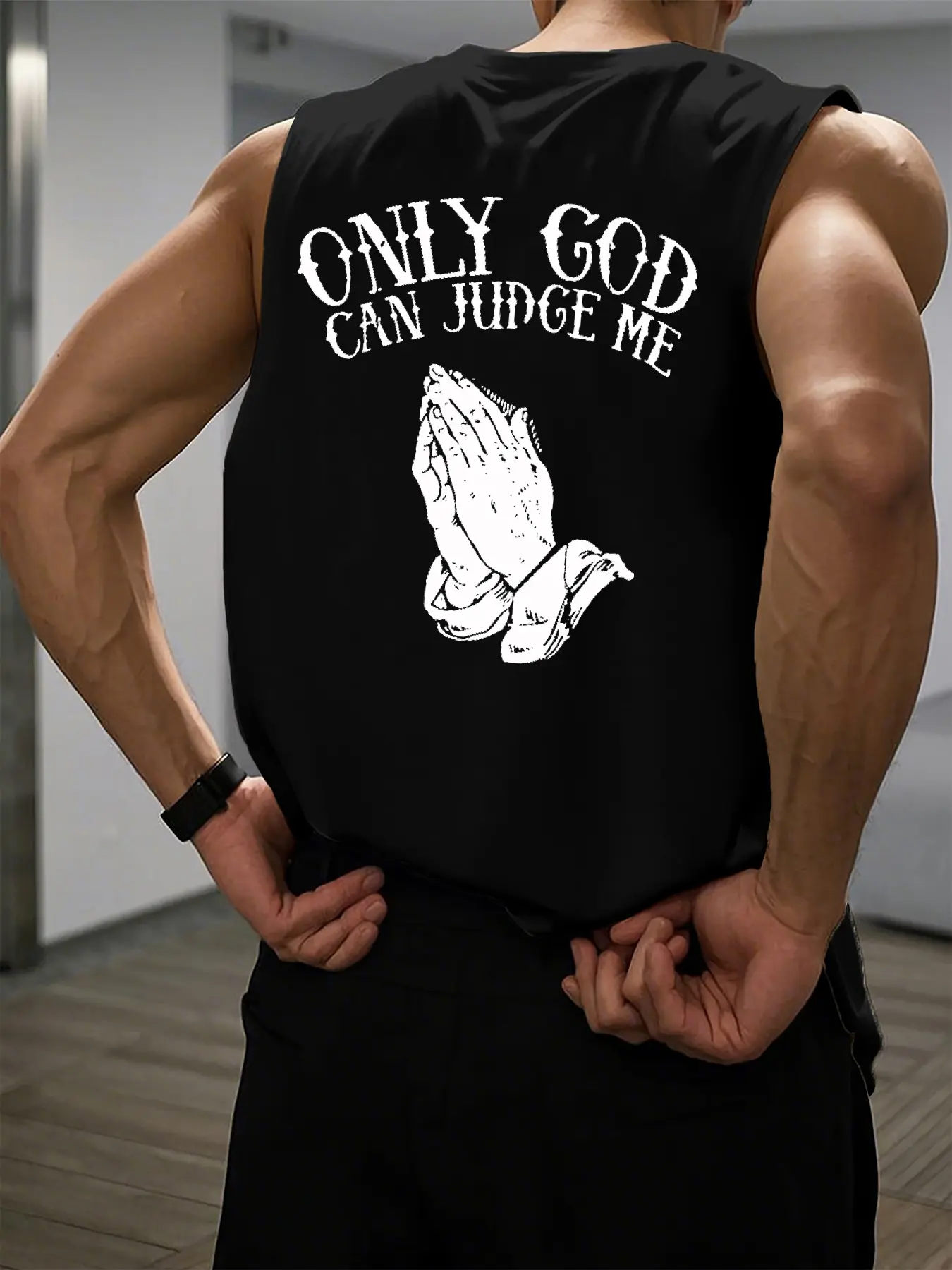 Men's Summer Leisure Sports Fitness Loose Prayer Gesture Pattern Printed Comfortable Breathable Round Neck Sleeveless Tank Top