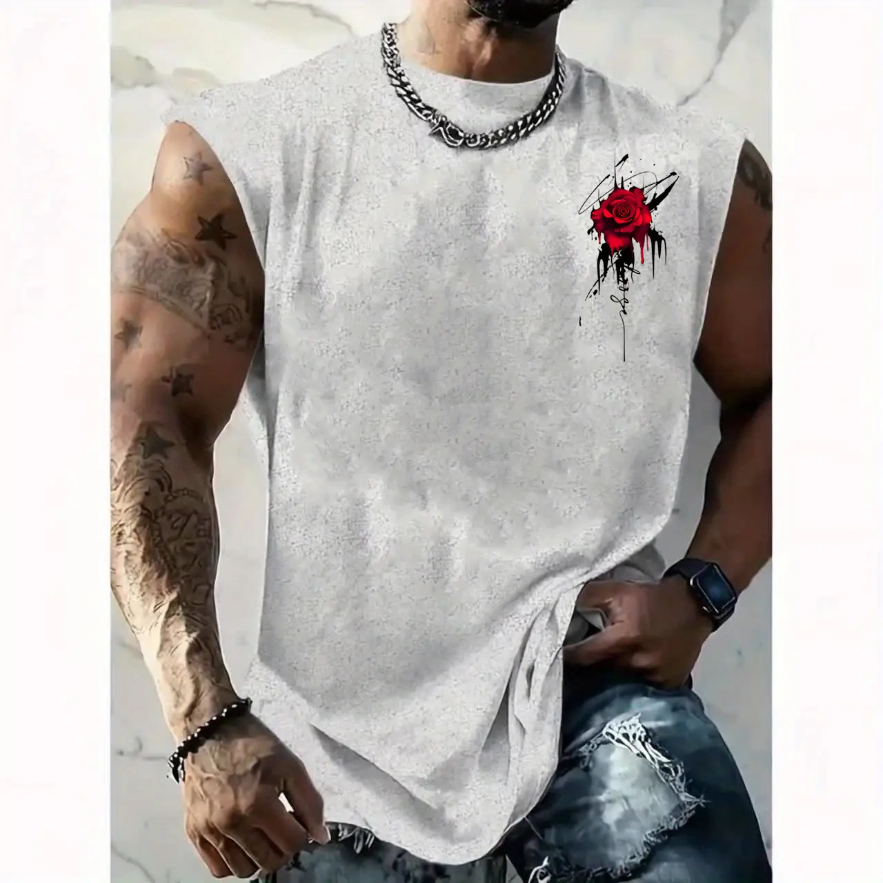 Men's Summer Leisure Sports Fitness Loose Rose Pattern Printed Comfortable and Breathable Round Neck Sleeveless Tank Top