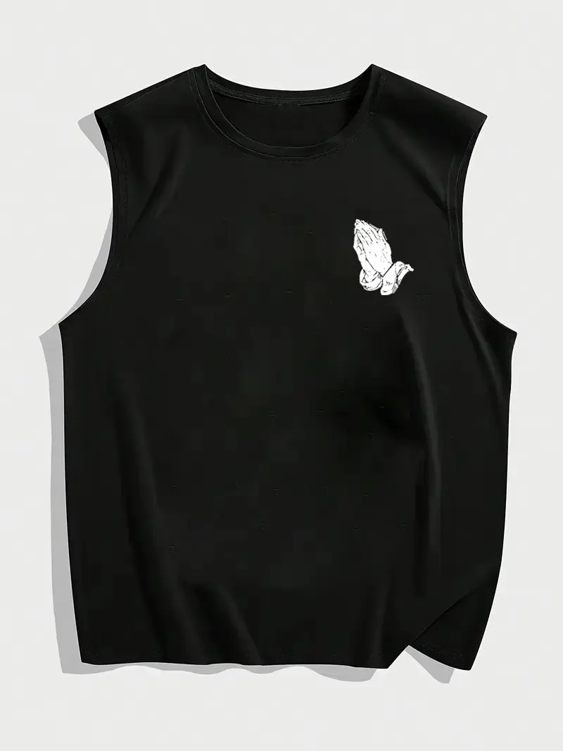 Men's Summer Leisure Sports Fitness Loose Prayer Gesture Pattern Printed Comfortable Breathable Round Neck Sleeveless Tank Top