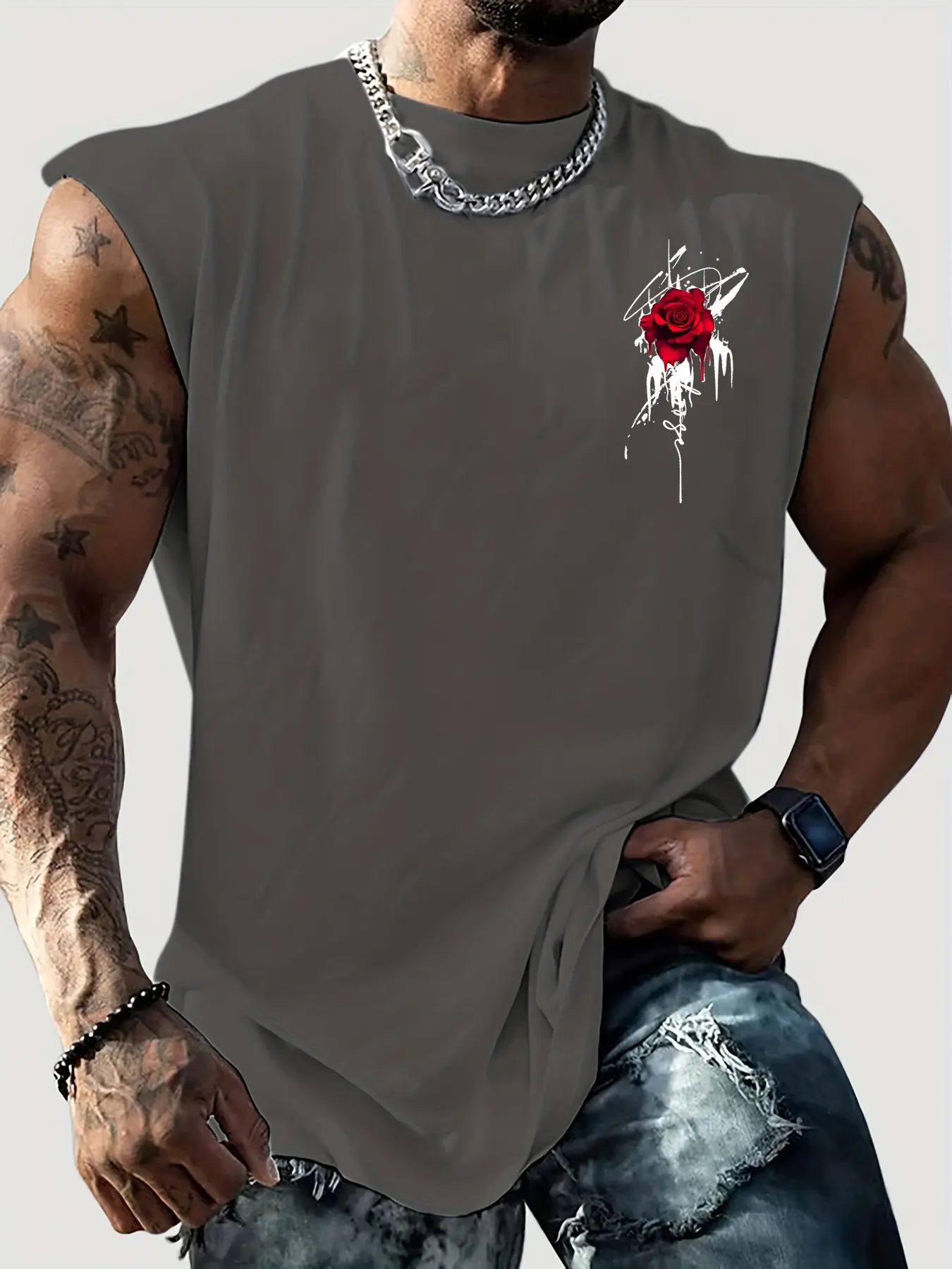 Men's Summer Leisure Sports Fitness Loose Rose Pattern Printed Comfortable and Breathable Round Neck Sleeveless Tank Top