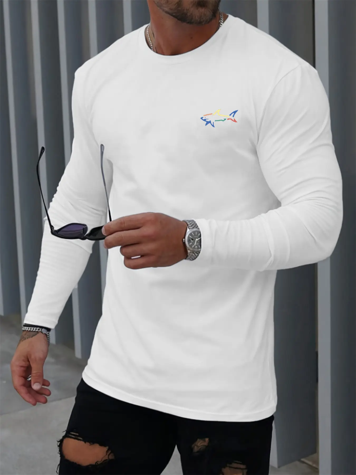 Men's Spring and Autumn 100% Cotton Comfortable Casual Shark Pattern Printed Round Neck Long Sleeve T-shirt Top