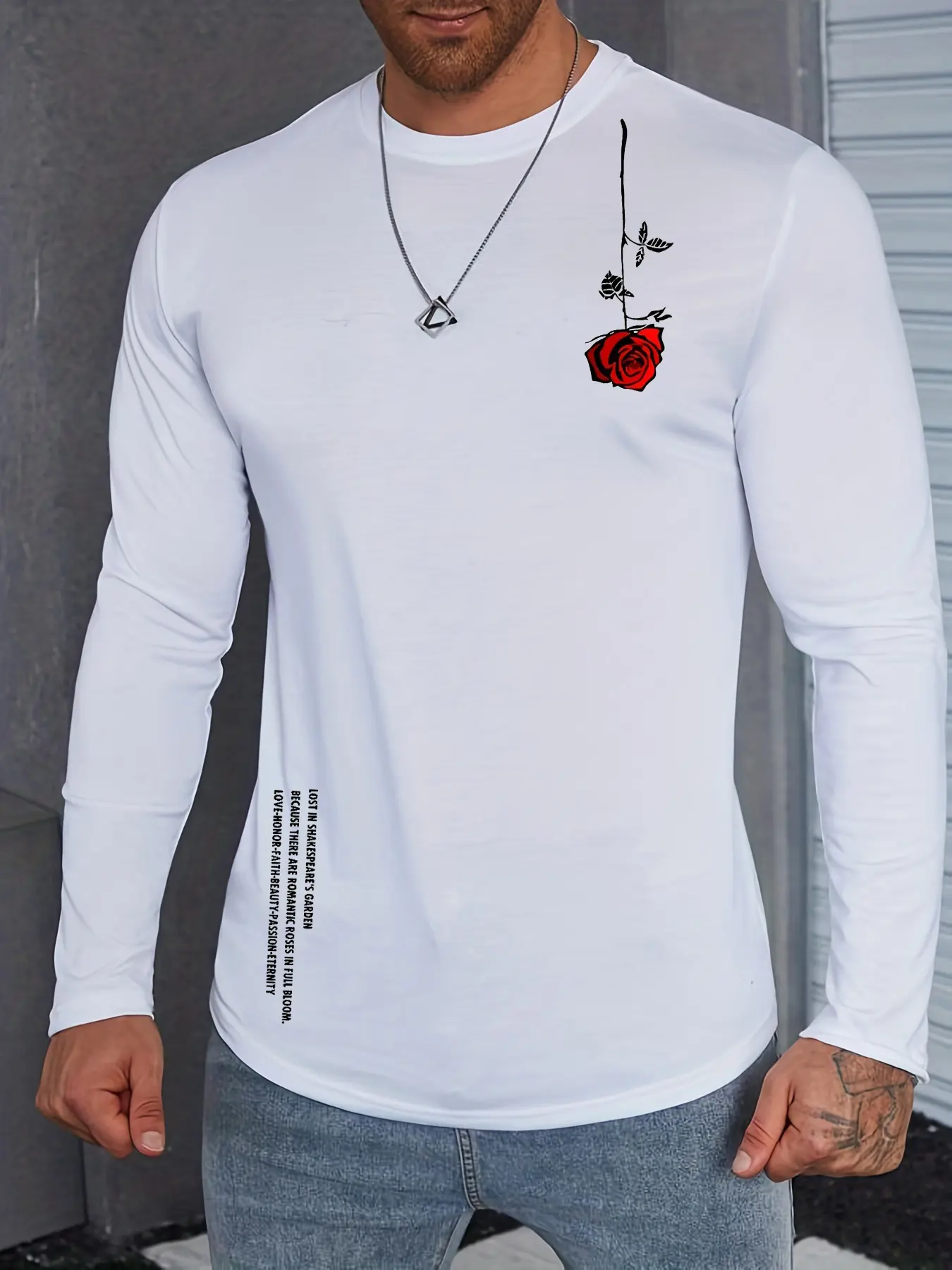 Men's Spring and Autumn 100% Cotton Comfortable Casual Rose Pattern Printed Round Neck Long Sleeve T-shirt Top