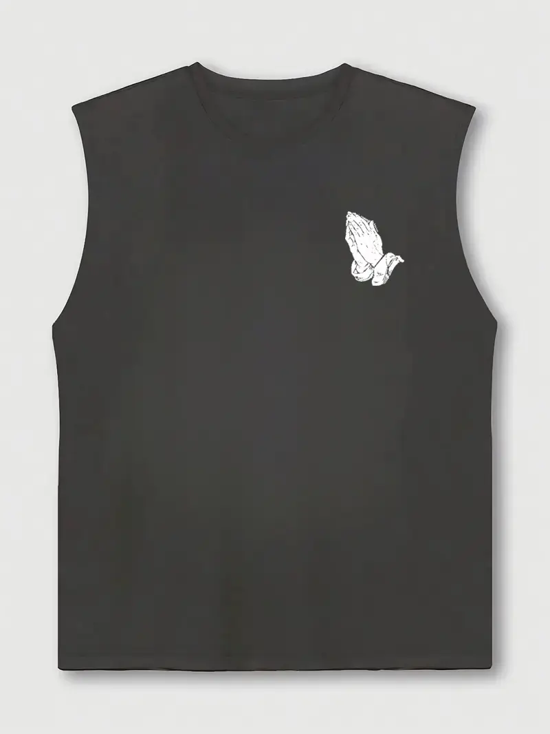 Men's Summer Leisure Sports Fitness Loose Prayer Gesture Pattern Printed Comfortable Breathable Round Neck Sleeveless Tank Top