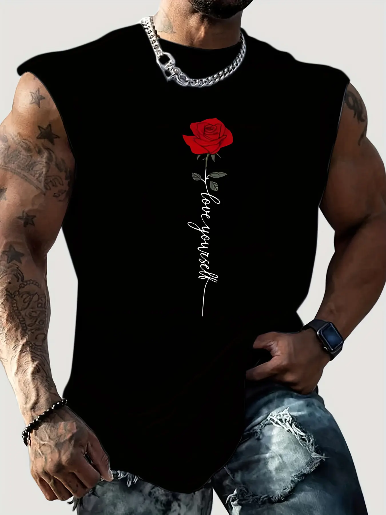 Men's Summer Leisure Sports Fitness Loose Rose and Letter Pattern Printed Comfortable and Breathable Round Neck Sleeveless Tank