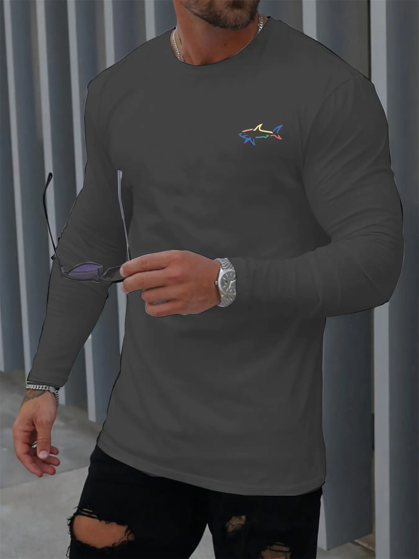 Men's Spring and Autumn 100% Cotton Comfortable Casual Shark Pattern Printed Round Neck Long Sleeve T-shirt Top