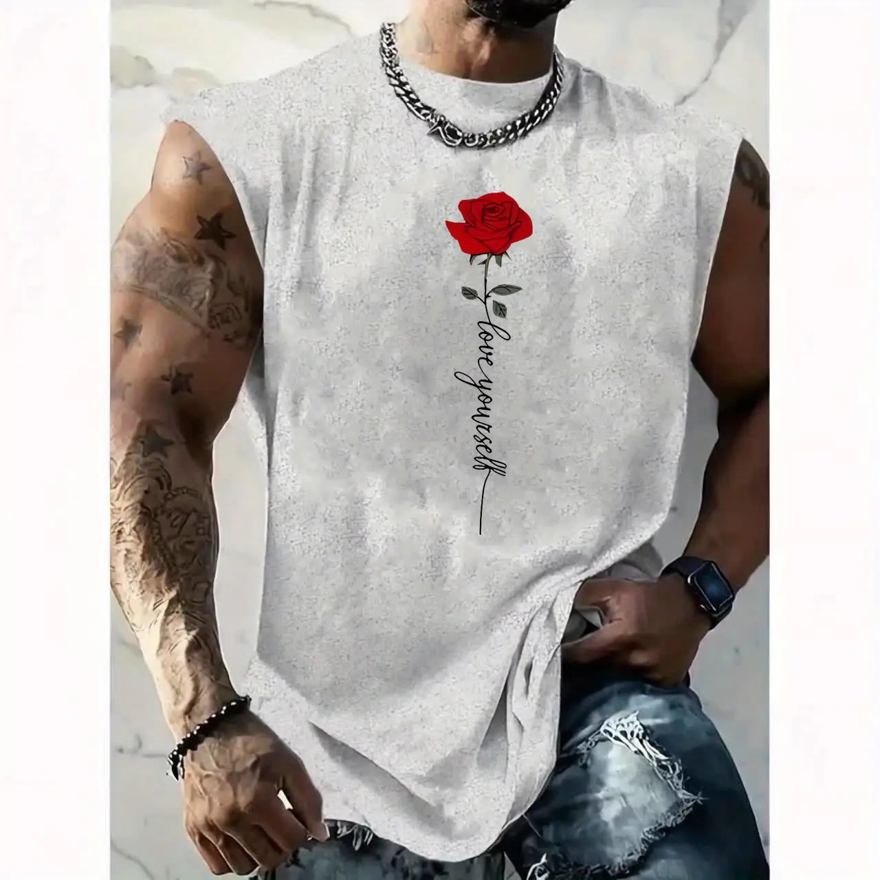 Men's Summer Leisure Sports Fitness Loose Rose and Letter Pattern Printed Comfortable and Breathable Round Neck Sleeveless Tank